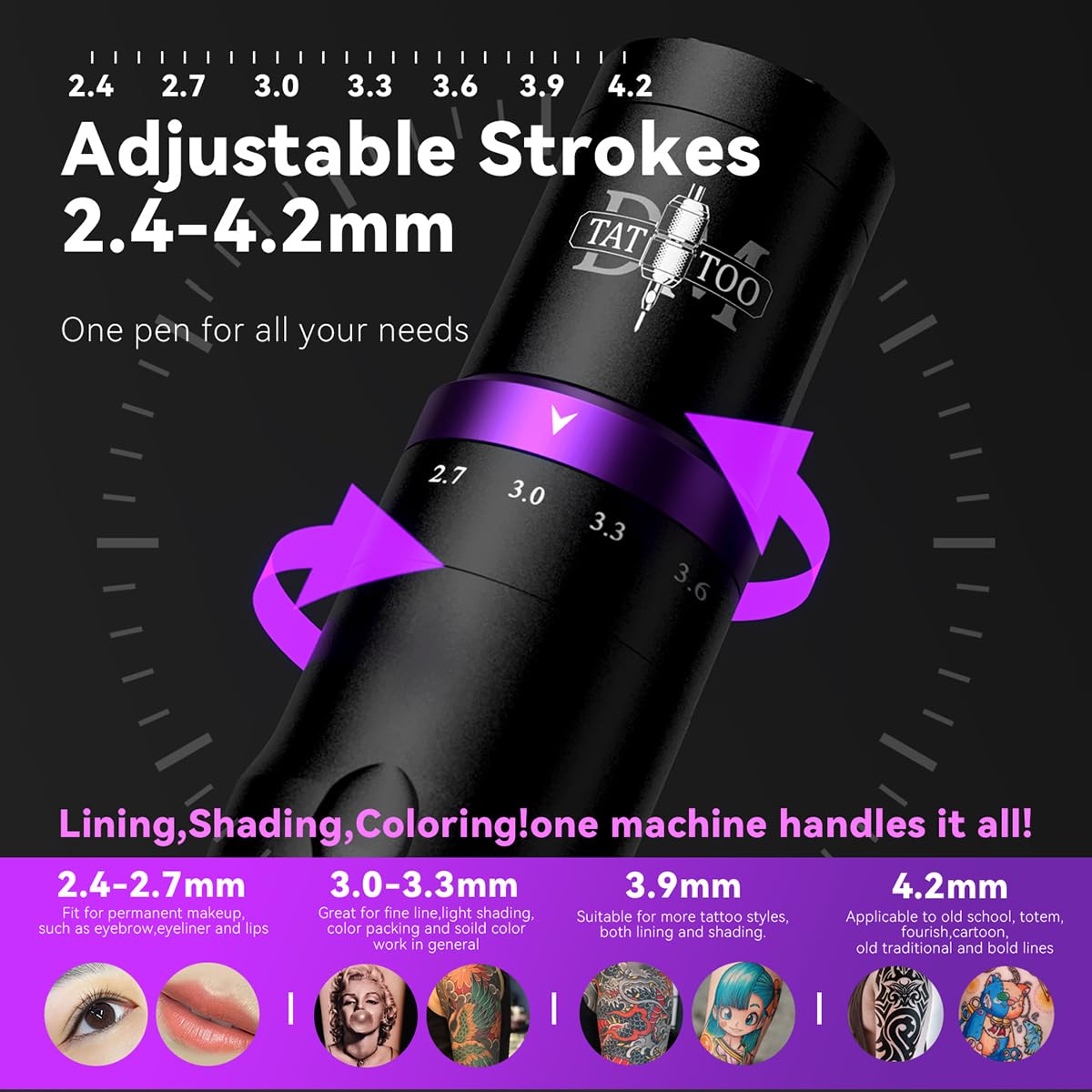 Tattoo Gun Wireless Tattoo Machine Multi-function Tattoo Pen with Smart Display 7 Strokes Length for Tattoo Artists