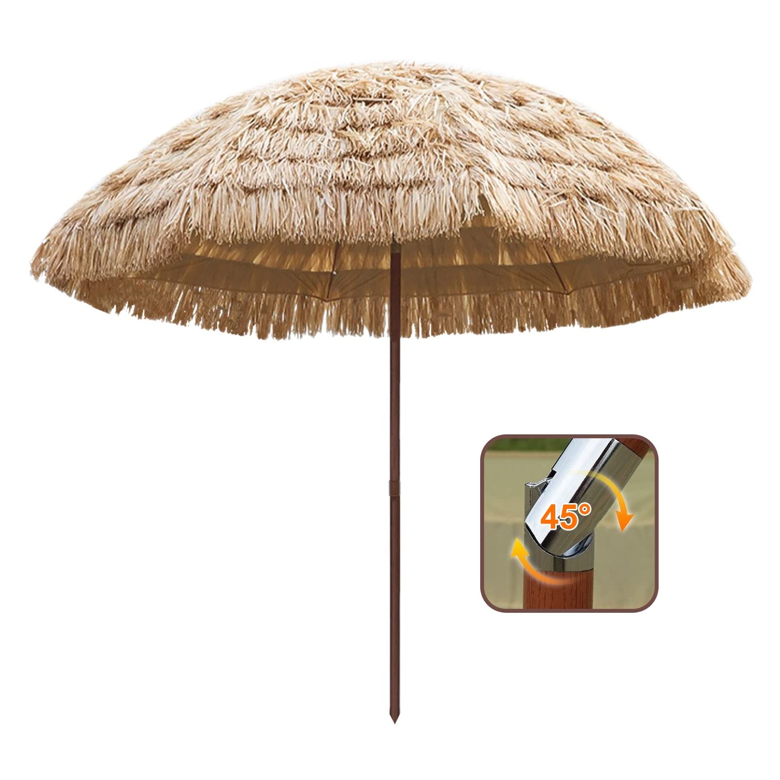 KIMBIE 240cm Sombrilla Playa Grande Antiviento,Hawaii Parasol Inclinable,Sombrilla De Exterior,Proteccion UV,Sombrillas Terraza 8 Varillas,Parasol Jardin Portátil,Sombrilla De Paja