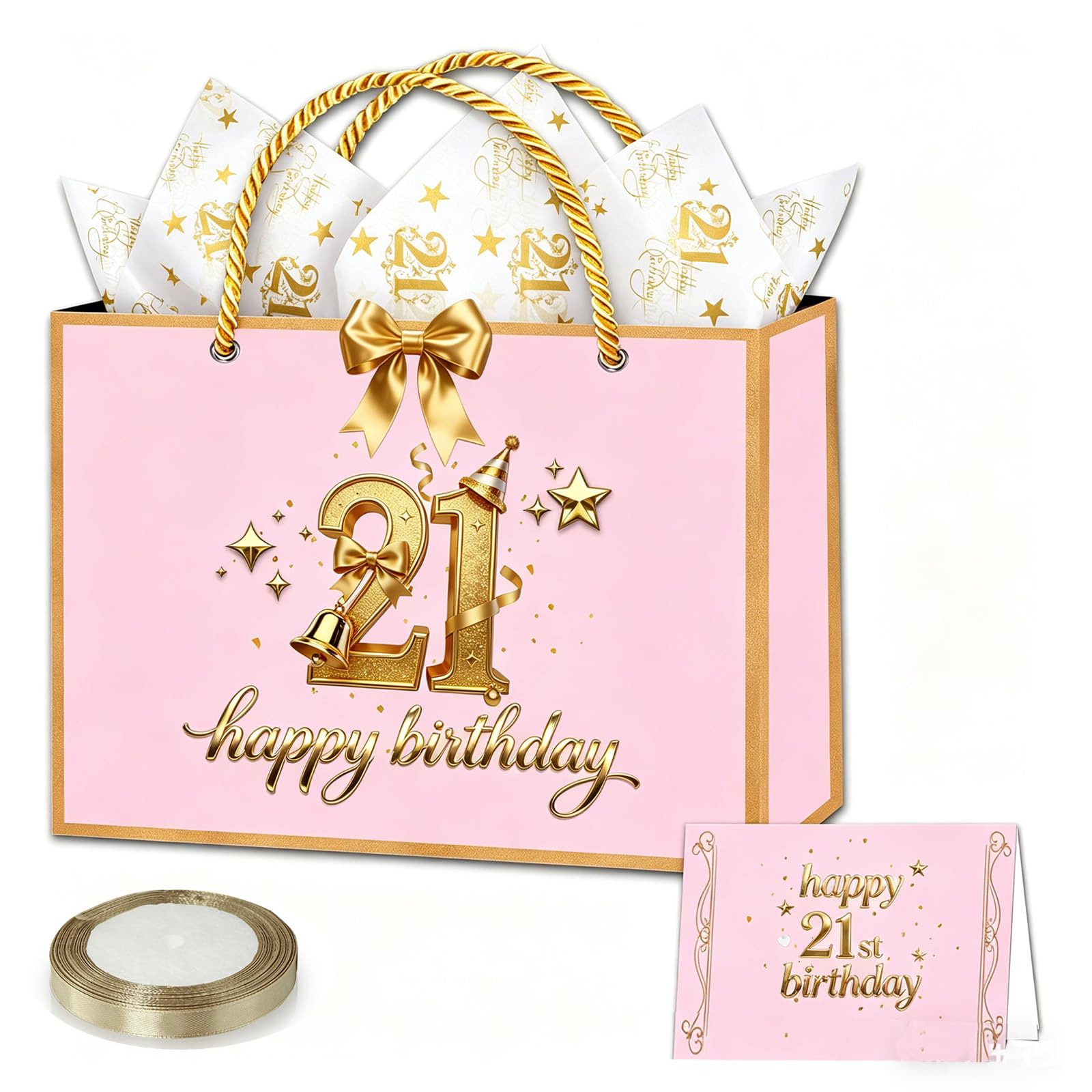 21st Birthday Gift Bag for Girls, 28 * 20 * 10cm Luxury Pink Birthday Party Gift Bag Medium with 21st Tissue Paper Sheets Card and Ribbon for Ladies Her Female 21 st Birthdays Present Decorations