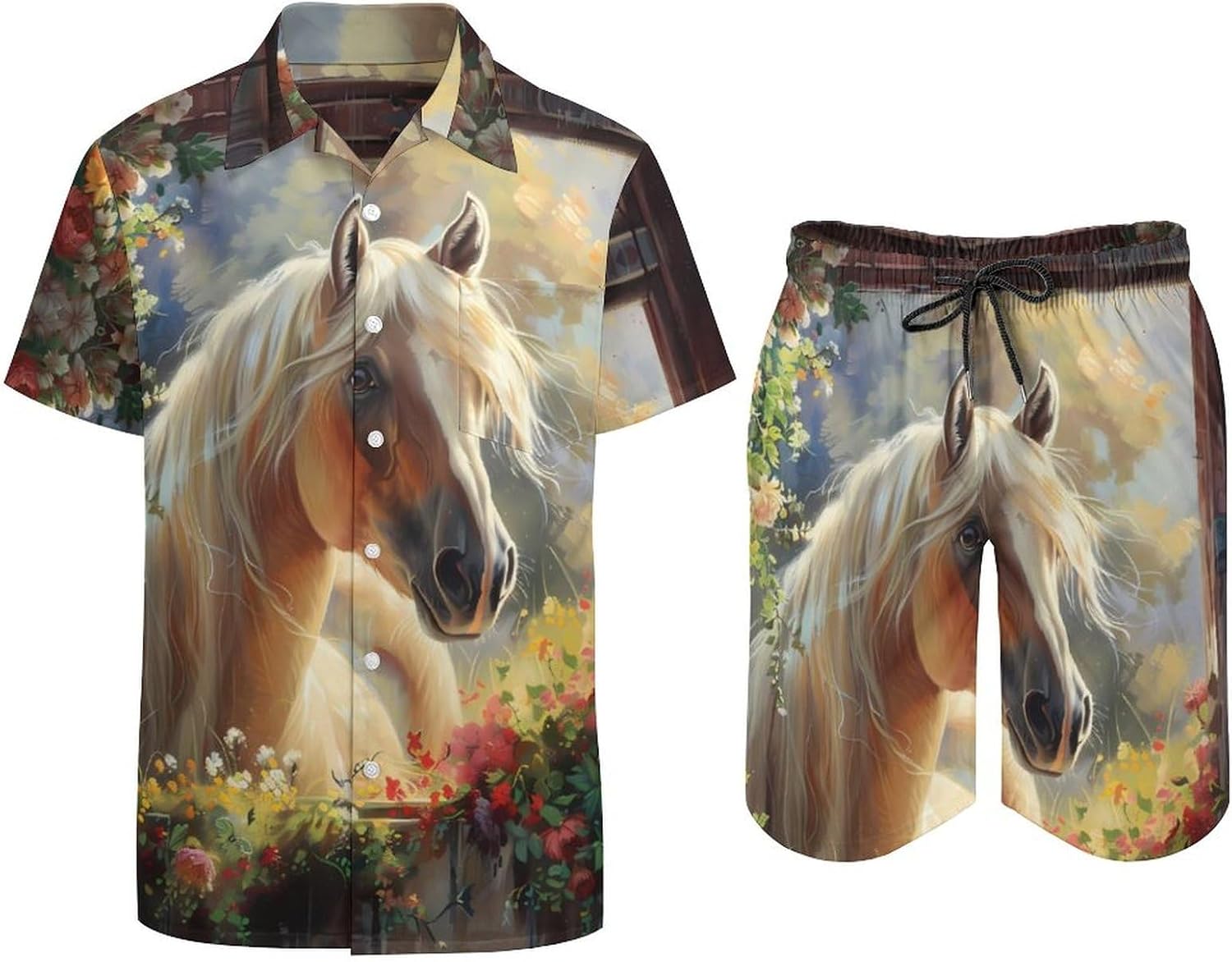 Horse From Window Flower Men's Summer Beach Outfits Shirt And Shorts Set 2 Piece Vacation Swimwear