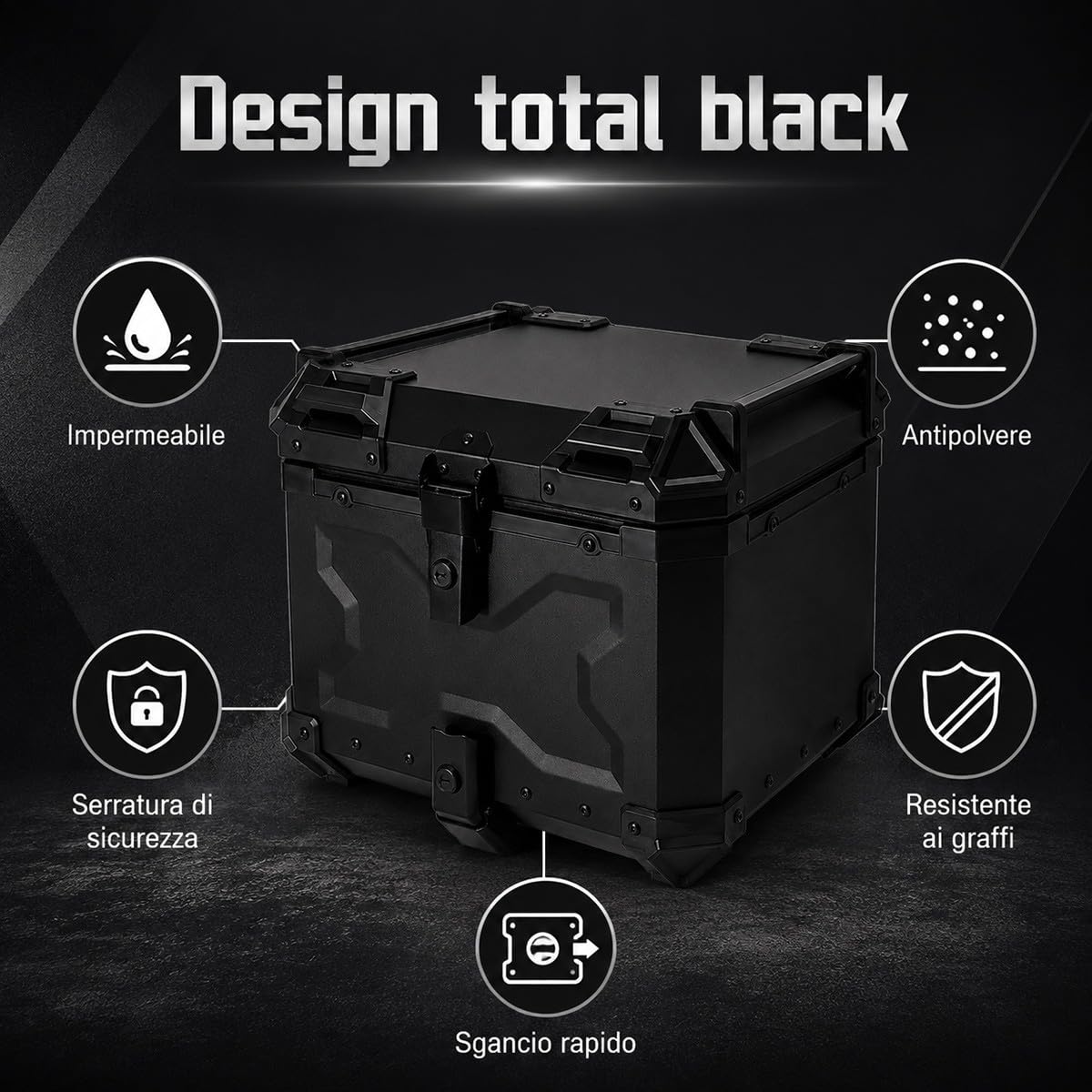 Bauletto Moto Alluminio 45 L per Casco integrale e Giacca da con Piastra di Montaggio Fodera interna e Schienale Valigia Posteriore Total Black per Scooter Moto Uso Quotidiano