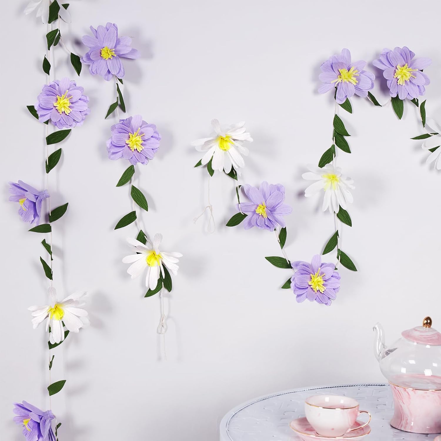 2PCS Paper Flower Garland, Paper Leaves Banner Vine Flowers with Green Leaves Crepe Flower Garland Decorations for Wall Anniversary Wedding Birthday Arch Decor-Purple - Image 8