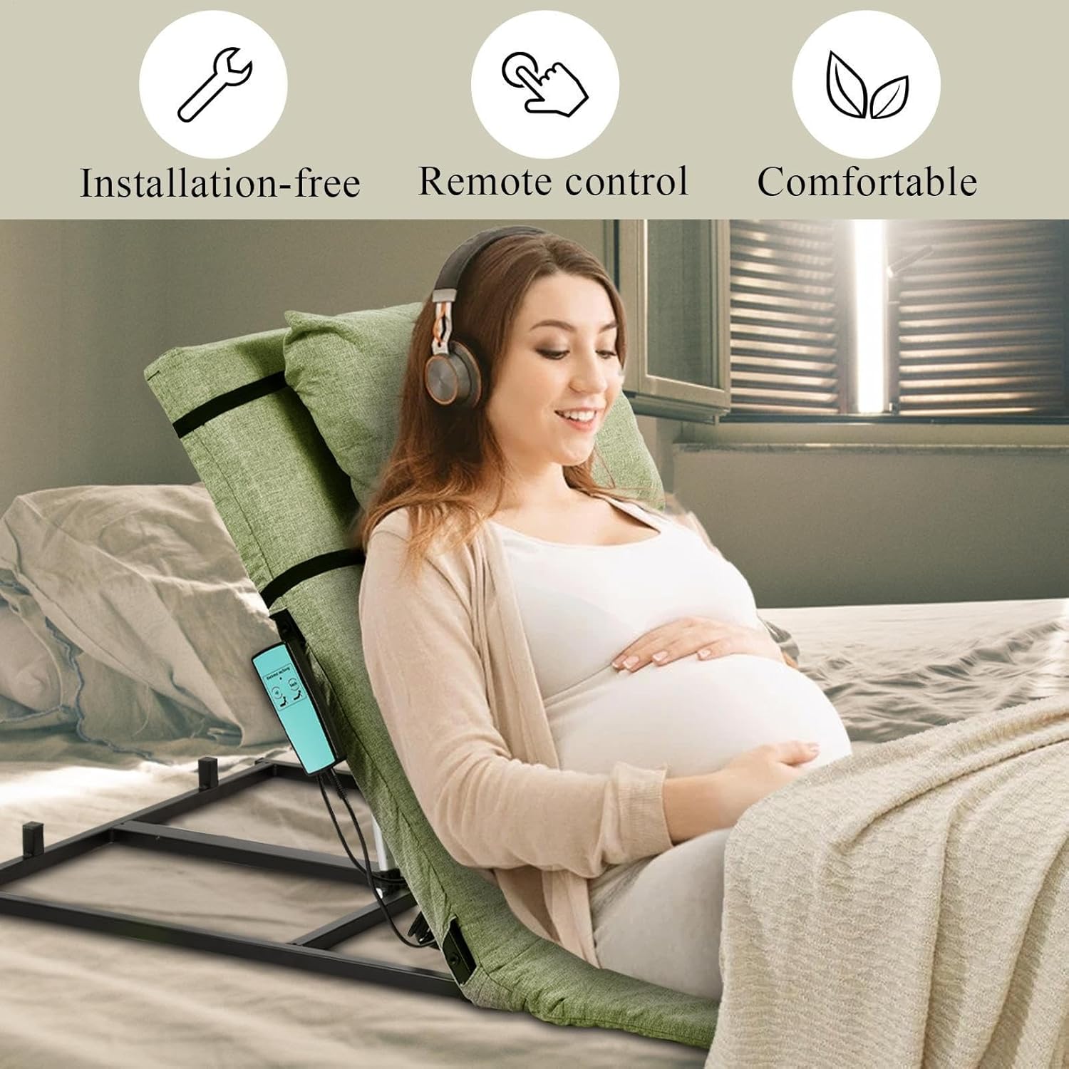 Electric Adjustable Bed Backrest – 2–80° Sit-Up Backrest Chair, Remote Control, Washable Cushion & Headrest, Heavy-Duty Carbon-Steel Frame, 440 lbs Support – Green