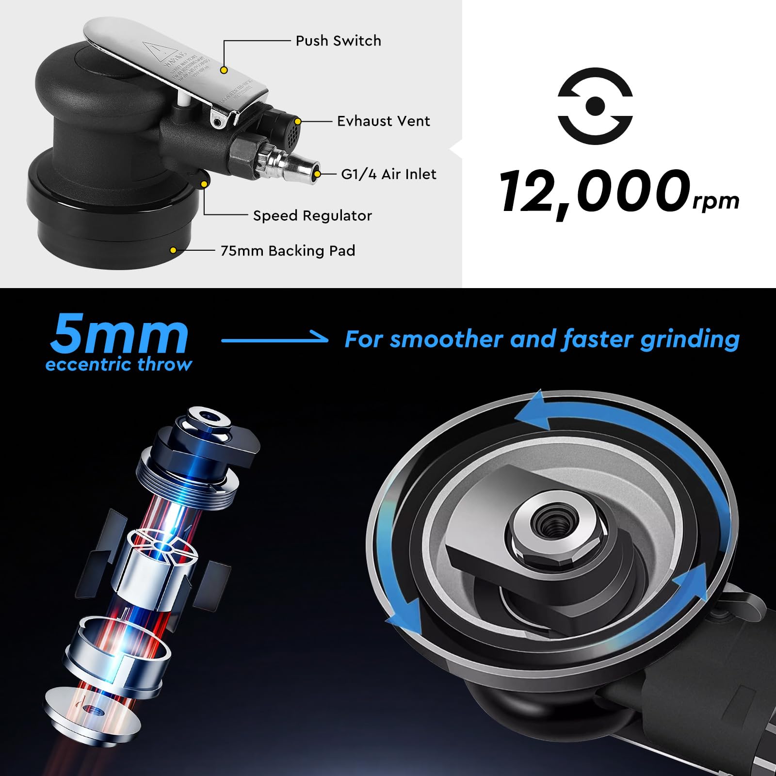 SWAWIS 75mm Levigatrici Orbitale Pneumatica, 12000RPM, Eccentricità 5 mm, Accessori Completi, Smerigliatrice Orbitale ad Aria per Levigare e Lucidare Superfici Automobilistiche in Legno e Metallo