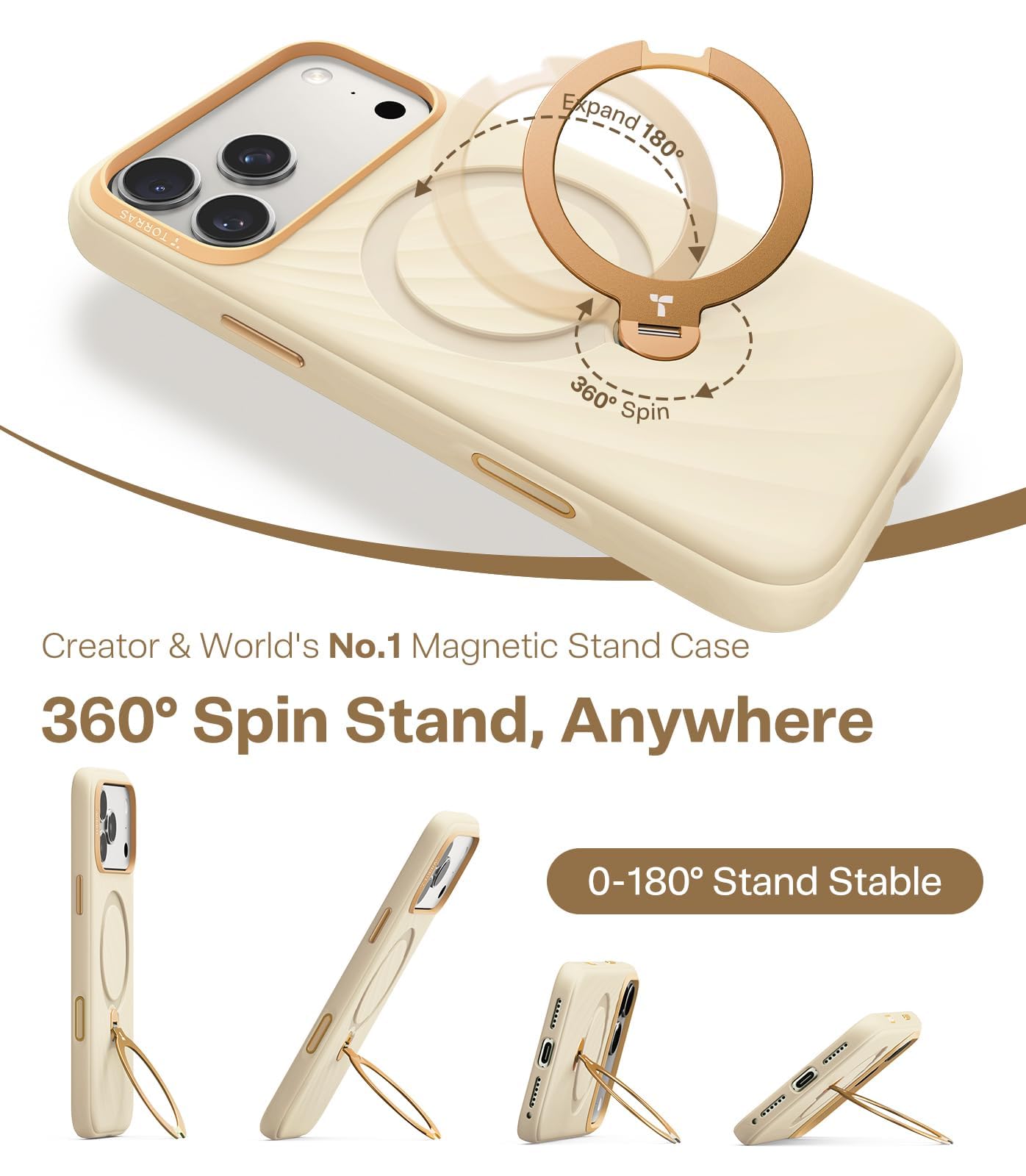 TORRAS Ostand Q3 - Funda de silicona para iPhone 17 Pro (silicona líquida superior) (soporte magnético 360°) con protección contra las teclas de la cámara para iPhone 17 Pro Case con absorción de