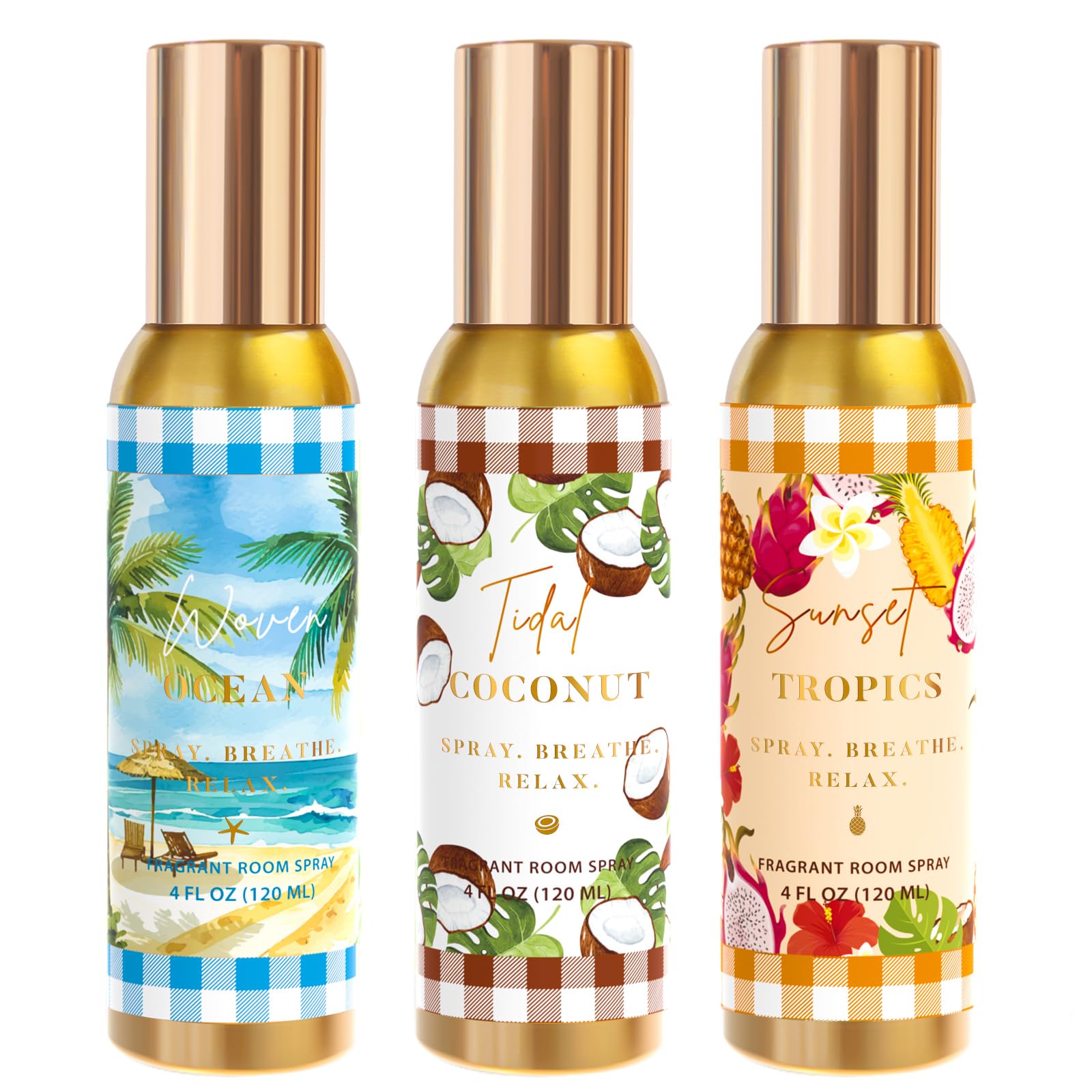 Room Spray, Tidal Coconut, Woven Ocean, Sunset Tropics, 3 Pack