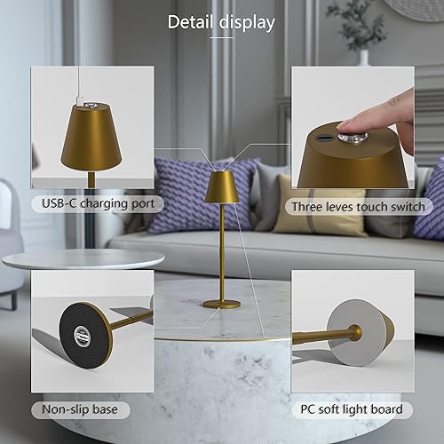 Miniatura 7 de Timjorman Lámpara de mesa LED inalámbrica, lámpara de escritorio con batería recargable de 4000 mAh, brillo de 3 niveles junto a la luz nocturna,