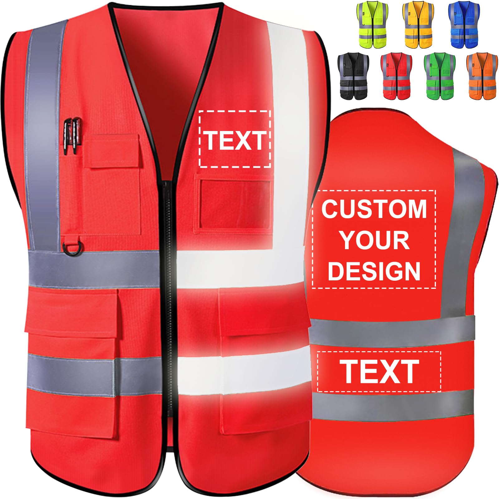 Custom Safety Vest High Visibility Reflective Personalized Vests with Logo Photo Pocket Zipper Customize Class 2 for Men Work