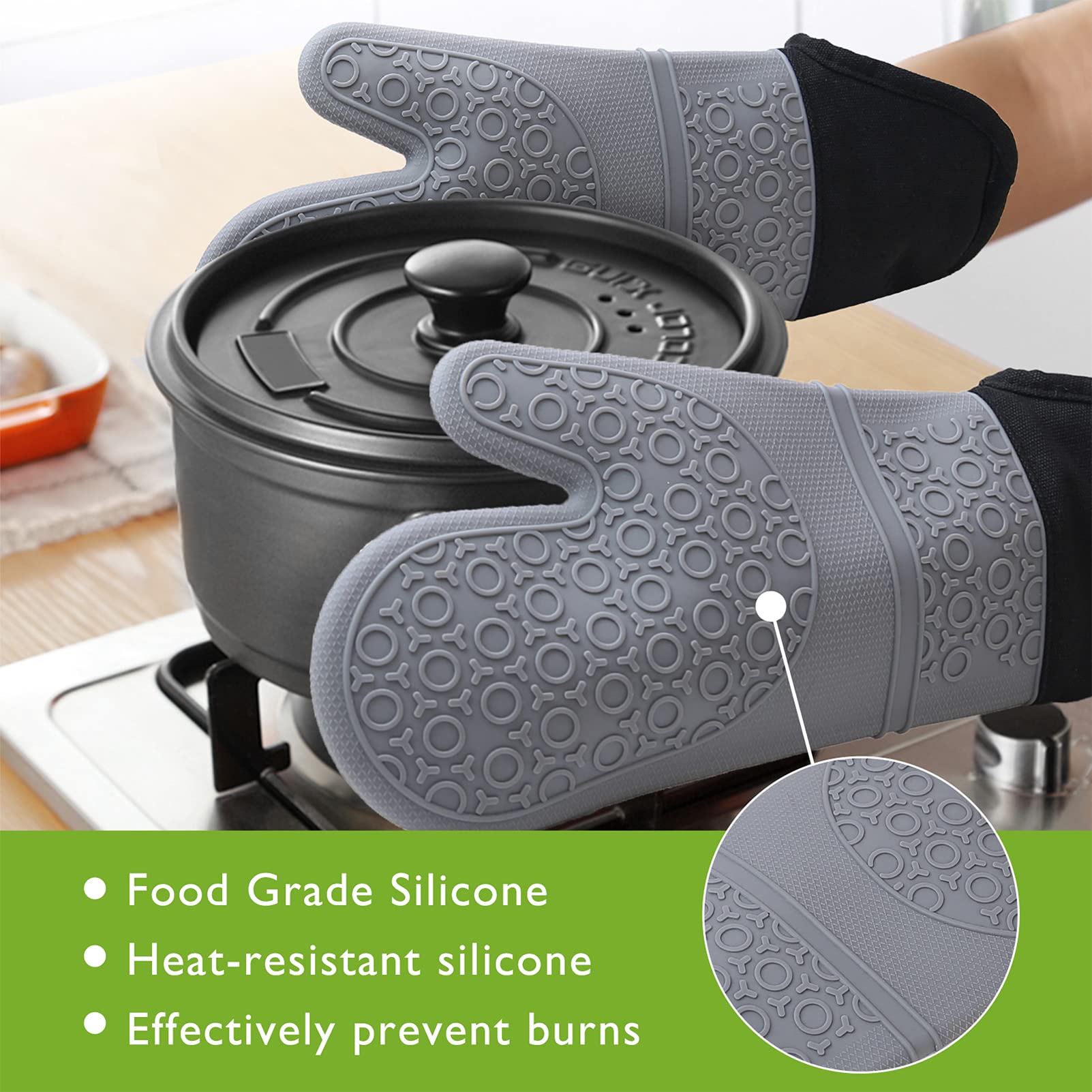 Guanti da Forno in Silicone Impermeabili Antiscivolo: 6 Pezzi Guanti Resistenti al Calore Fino Guanti da Forno e Sottobicchiere Professional per Cucinare Forno Barbecue BBQ Grill & 2 Clip per le Mani
