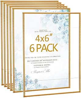 Bolidery Gold Acrylic Picture Frames 4x6 Set of 6 - No Drill Floating Wall Hanging Collage Decor for Home Office School