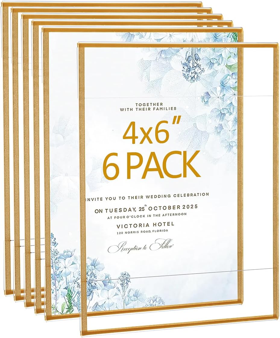 Acrylic Picture Frames 4x6 Set of 6,Gold Photo Frames Collage Wall Decor,No Drilling 4x6 Floating Hanging Picture Frames for Home, School, Office - Gold Color
