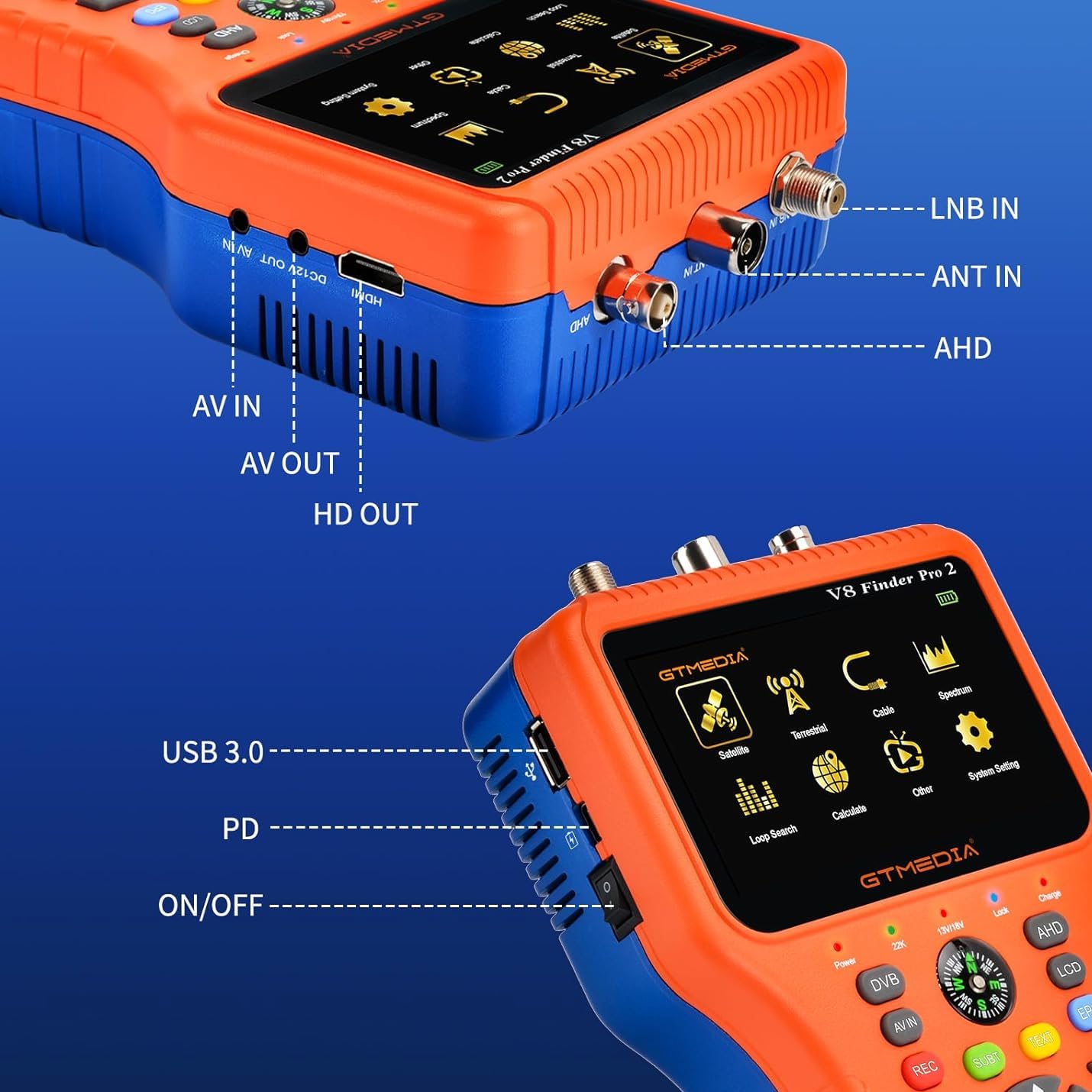 GTMEDIA V8 Finder Pro testeur de champ TNT et satellite Combo DVB-S2X / S2 / T2 / ATSC-C MPEG-2/4 H.264 / H.265 (10 bit) Calcul automatique des angles Localisateur Mesureur satellite