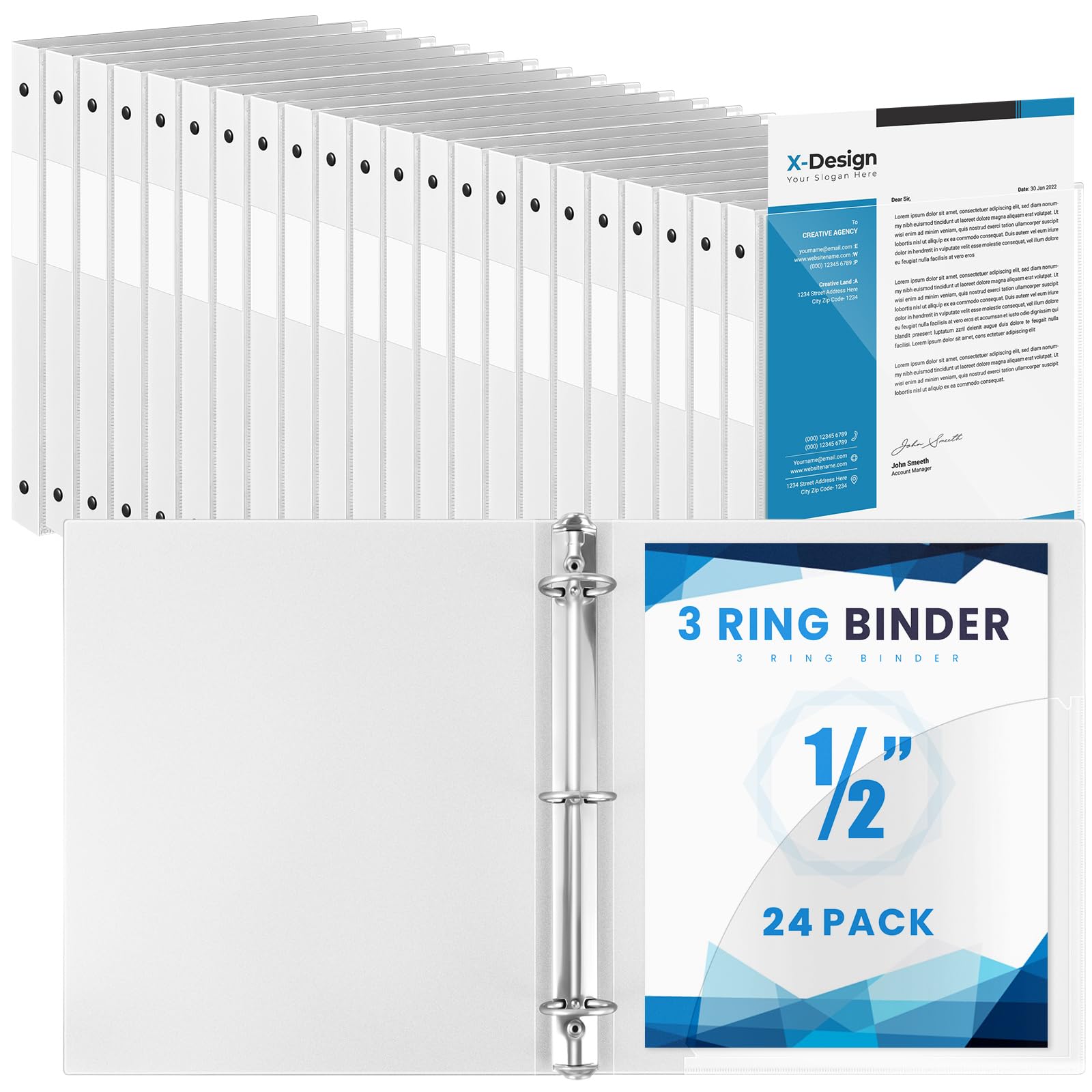 Henoyso 24 Pack 1/2 Inch 3 Ring Binder with Clear Cover Fit Letter Size 8.5" x 11" Paper Holds 140 Sheets, Bulk Binders for Organizing School, Office & Classroom Documents, 1 Pocket (White) โ image 1