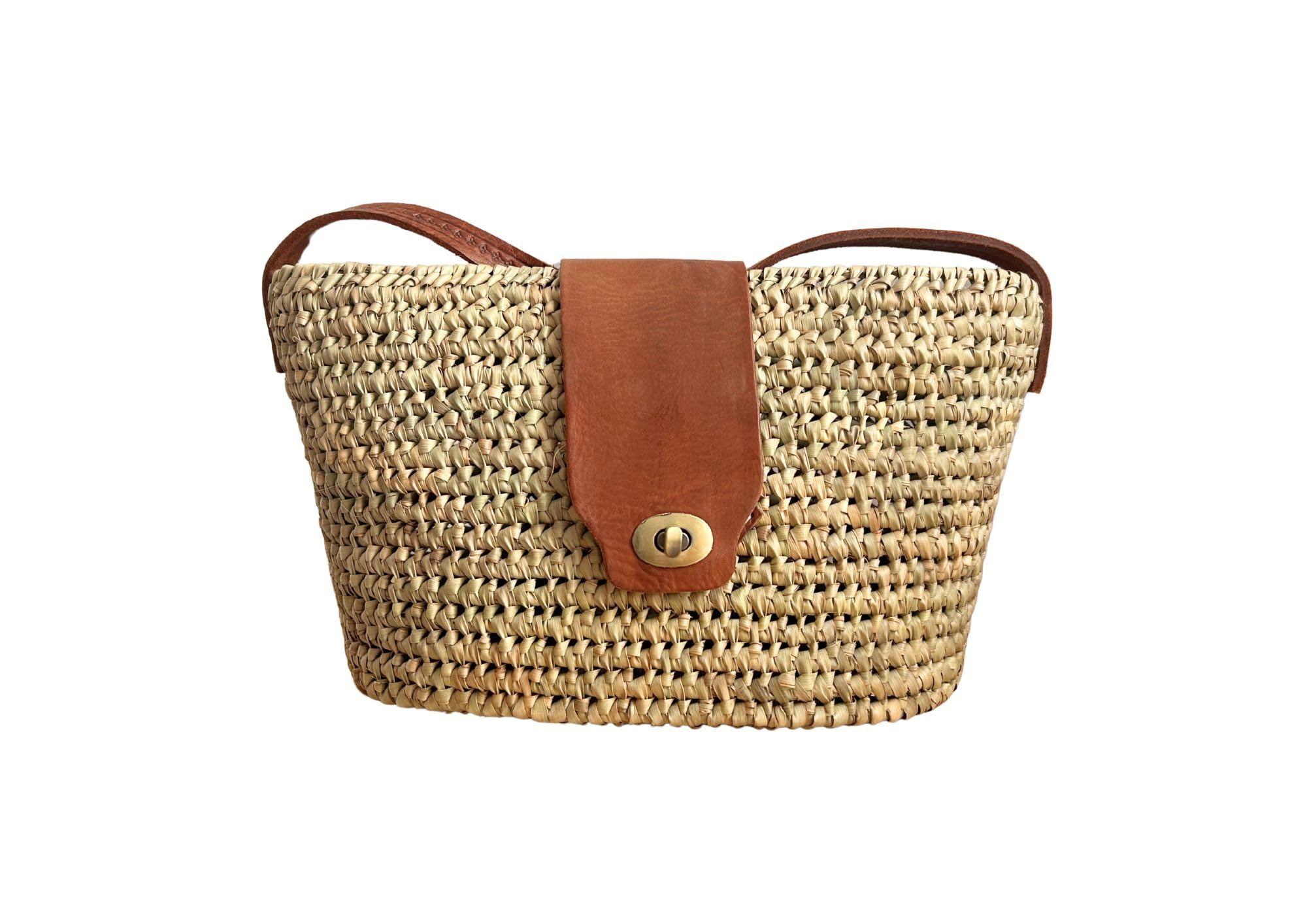 Bolso Bandolera de Mimbre Natural con Detalles en Cuero, Diseño Tejido Artesanal, Estilo Casual