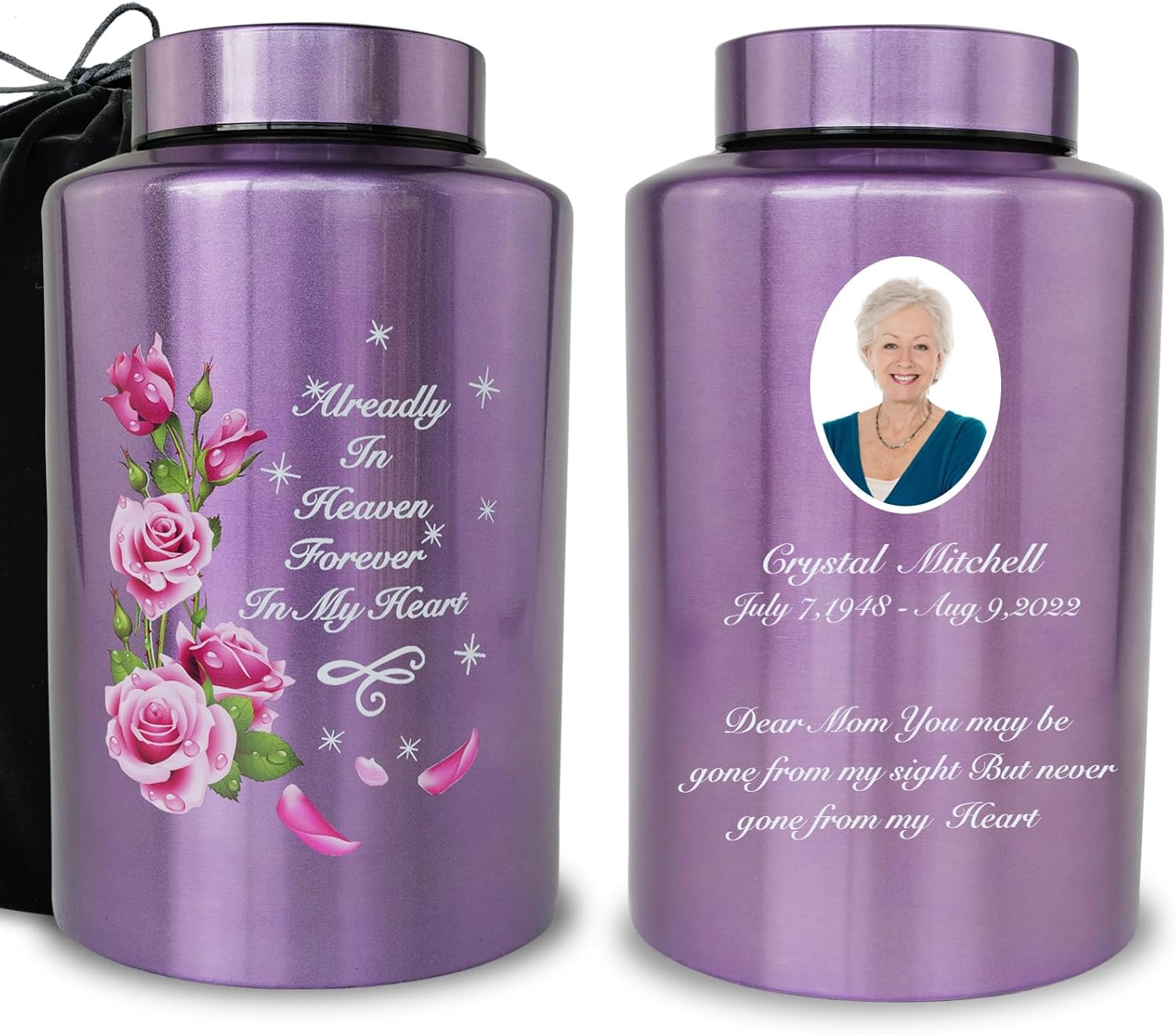 Personalized Up to 220 lbs Large Engraving Cremation Urns for Adult Human Ashes, Customized Decorative Urn for Female Male Ashes with Velvet Bag（Flowers）