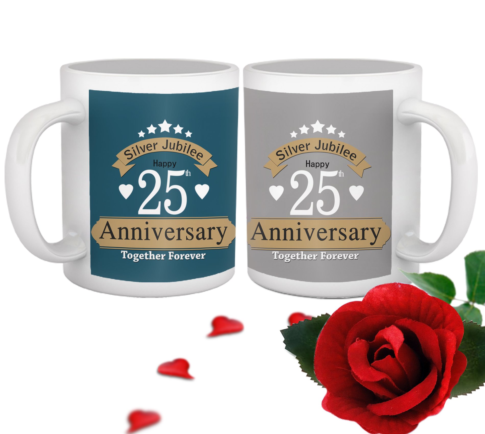 TIED RIBBONS Ceramic Jubilee 25th Wedding Printed Coffee Mug Set with Rose, 325 ml, 2 Pieces, Multicolor