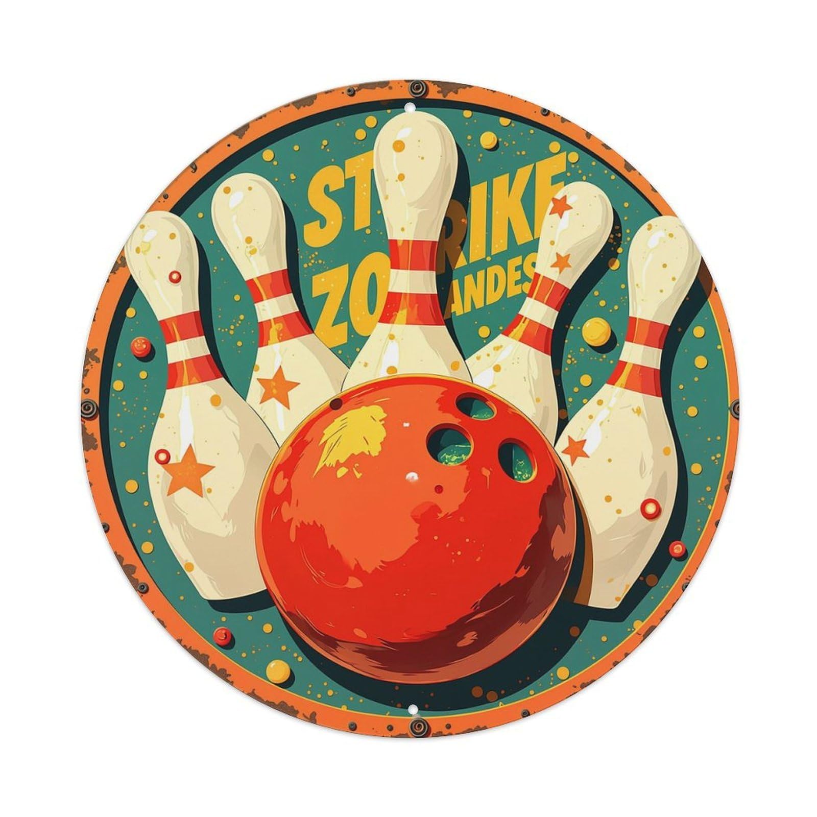 Strike Zone Bowling Pins Ball Retro Metal Sign Round Tin Sign, Vintage Decor Art Poster for Bar, Home, Man Cave, Kitchen, Laundry Room Gift 8x8Inch