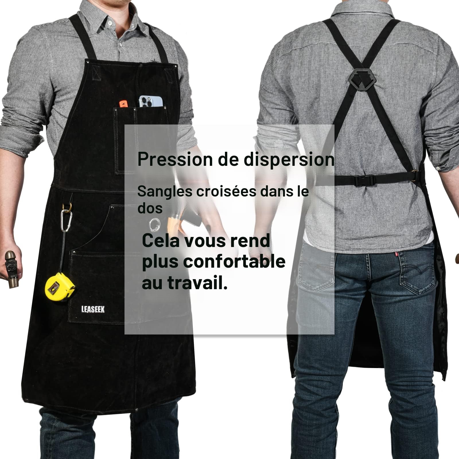 Leaseek Tablier de Soudure, Tablier de Travail en Cuir de Vachette avec 6 Poches, résistant à la chaleur et ignifuge, Bretelles Réglables de M à XXXL pour Hommes et Femmes，Noir