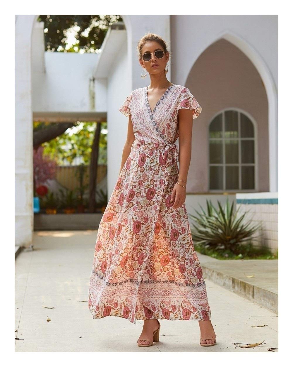 Women's Floral Maxi Dress - Boho V-Neck Short Sleeve Midi Dress With Slit & Ruffle Hem - View #14
