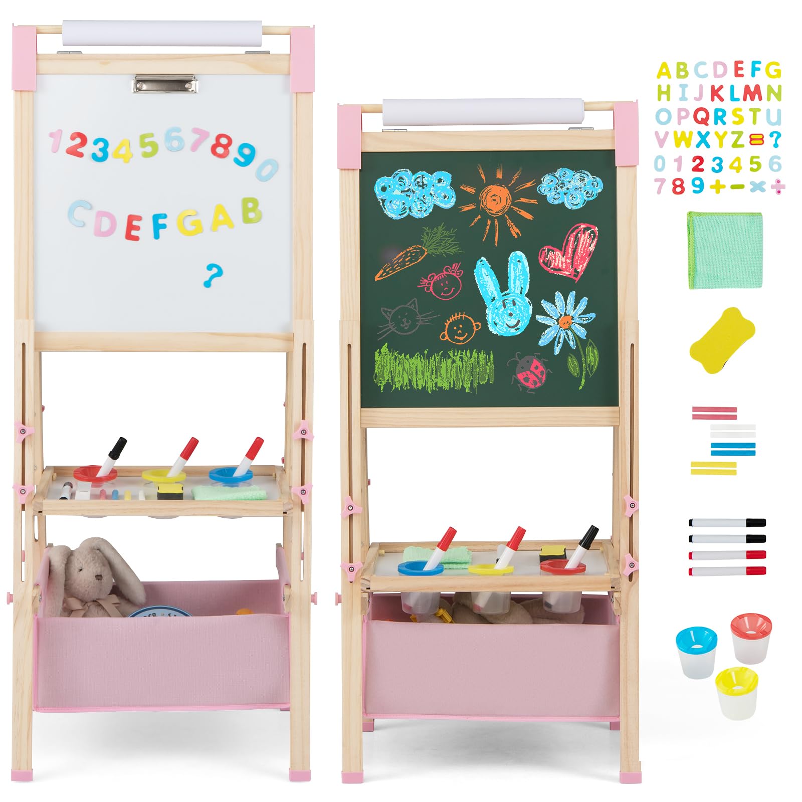 COSTWAY Cavalletto per Bambini Regolabile in Altezza in Legno, Cavalletto a Doppio Lato con Lavagna Magnetica e Bianca, con Scatola, Magneti con Lettere e Numeri, per Bambini 3-8 Anni (Rosa)