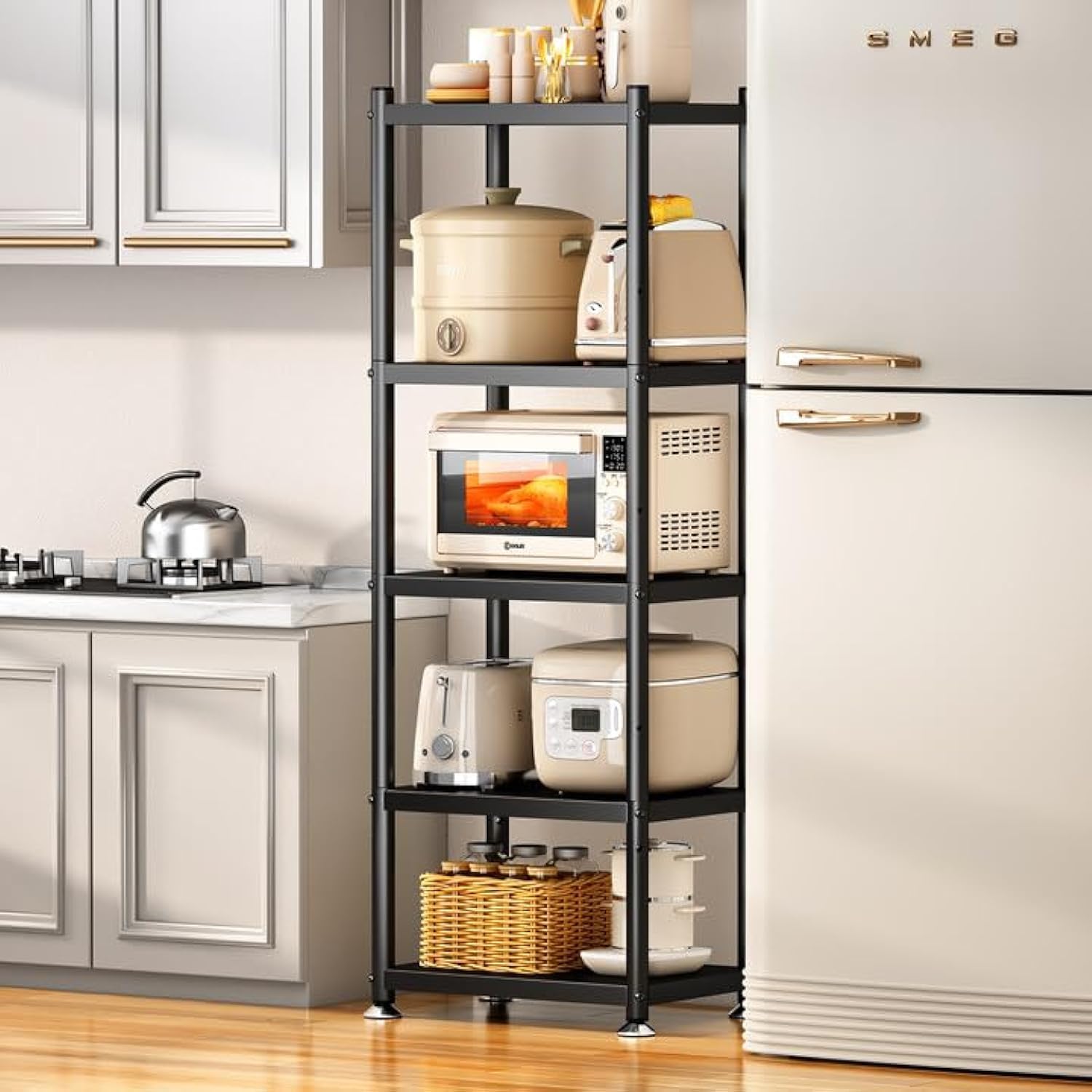 PXRACK 5-Tier Kitchen Storage Shelves, Adjustable Metal Shelves for Storage Pantry Shelves with Rolling Wheels, Storage Rack Shelving Unit Organizer for Bedroom Laundry Closet