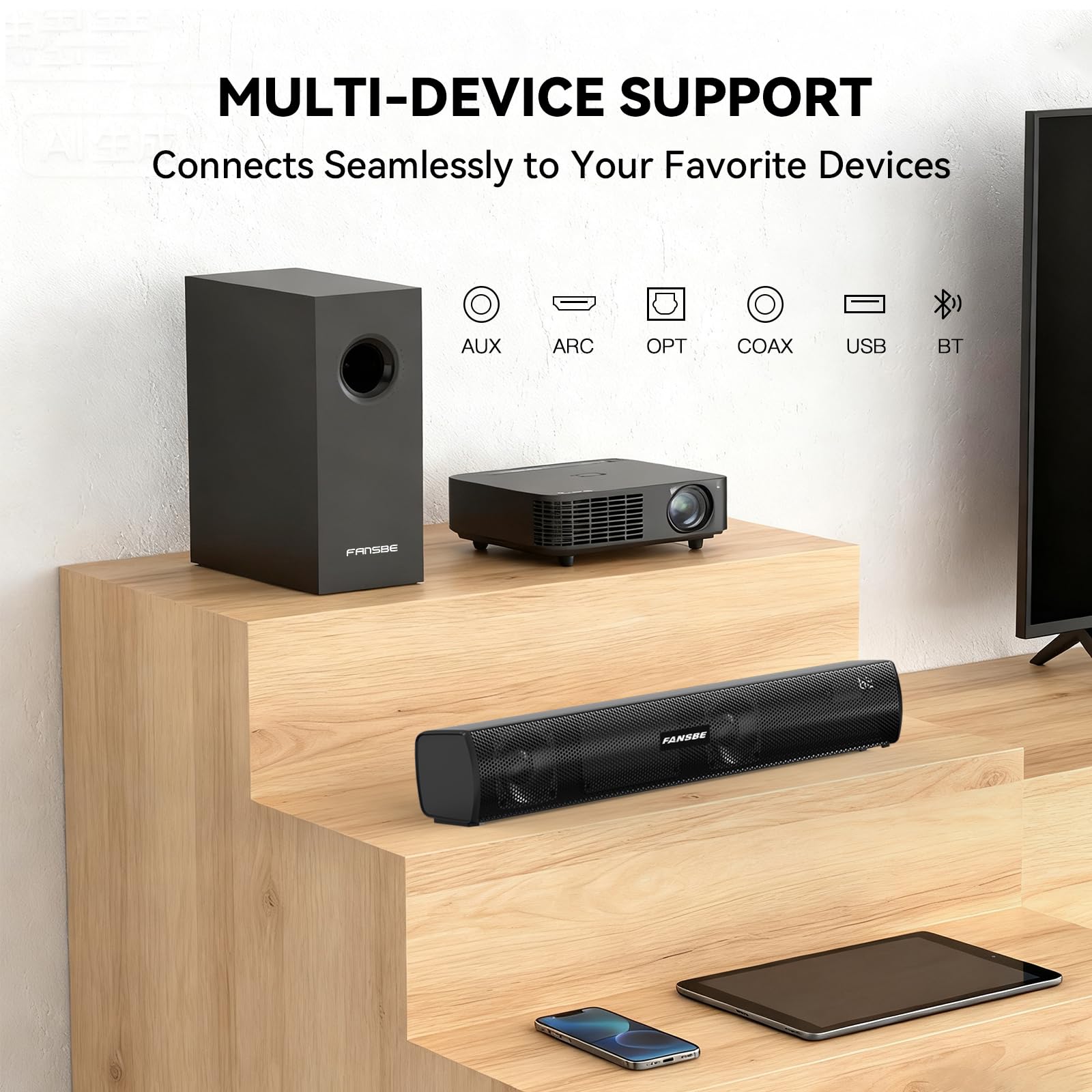 Barre de son TV Bluetooth, système de barre de son Home Cinéma, haut-parleurs TV, barres de son, caisson de basses, HDMI (ARC) OPT coaxial AUX USB 2.1 CH Home Audio TVs/PC/projecteur Treble Bass 3