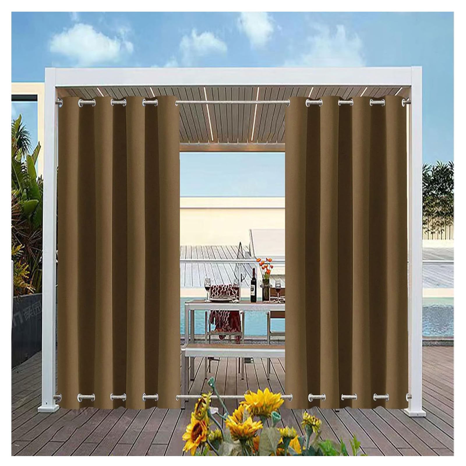 Mewkew Outdoor Curtains Waterproof Panel Curtain Opaque Curtain Shade Patio Gazebo Waterproof Thermal Insulation Curtains for Garden Patio Door Lanai Porch B243×H233cm(2 Panel)