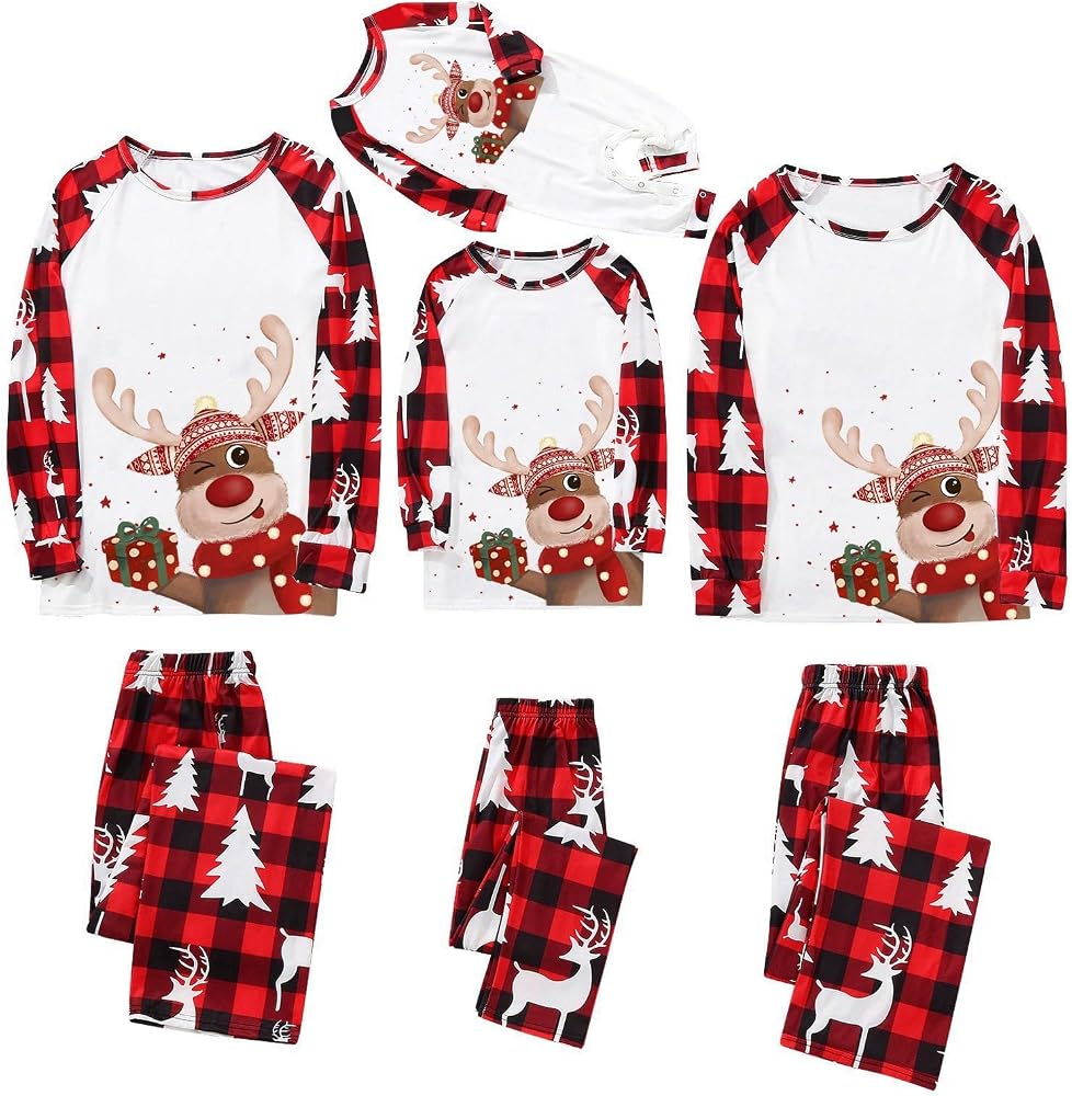 Pijama Familiar De Navidad, Estampado De Renos, Conjunto Top Blanco Y Pantalón A Cuadros, Para Mujer, Hombre, Niño Y Niña