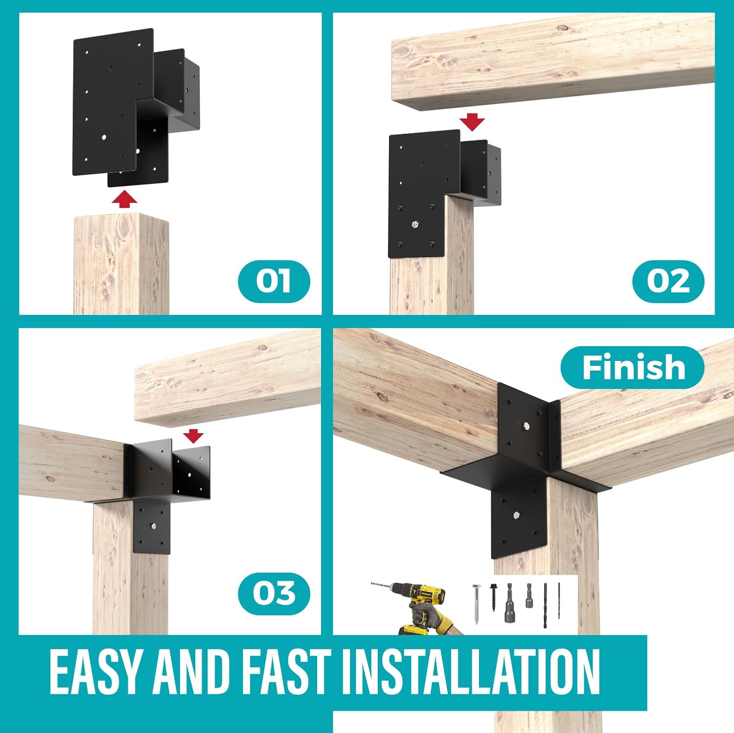 2 Pack Heavy Duty Corner Post Caps Tie Bracket, 6''x6'' (Internal 5.5"x5.5"), Fit Connecting Wood Gazebo, Deck Patio Post and Wood Beams Bracket (Black)