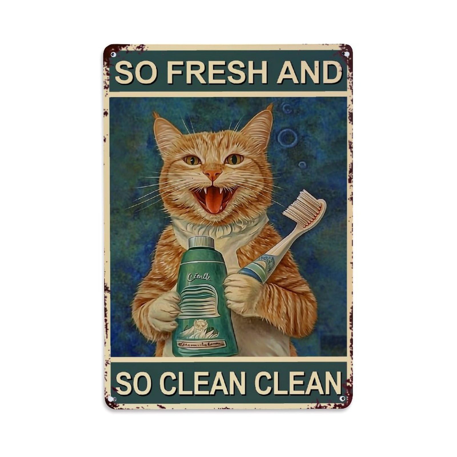 Bliveurn Vintage Cat Holding Toothbrush And Toothpaste Retro Metal Tin Sign, Metal Poster For Home, Gaming Room, Studio Workshop,Bar,Garage Wall Art Decor 8X12 Inch
