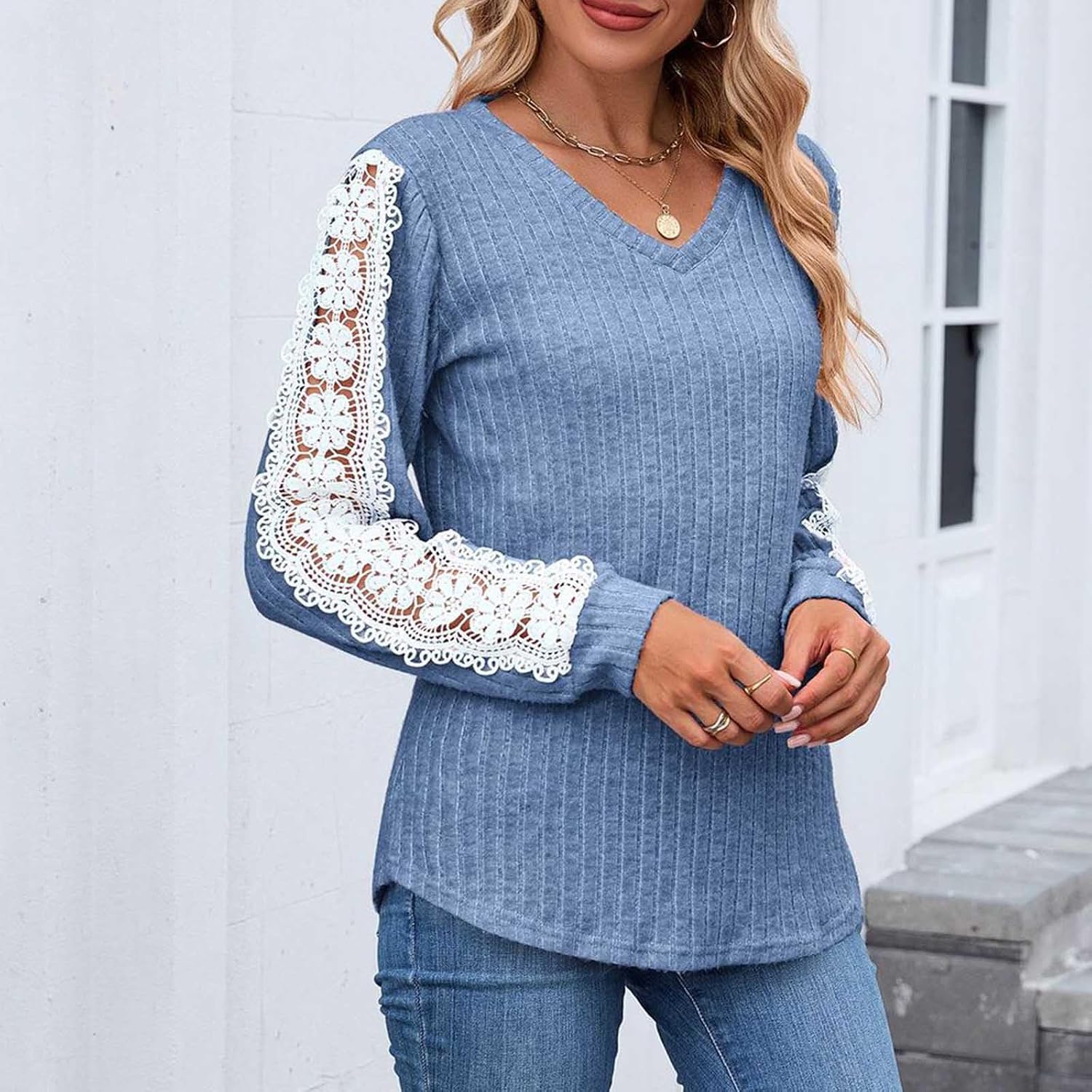 Women Long Sleeve with Lace Embroidery Shirts Casual Fall Tees V Neck Basic Tunic Tops Solid Color Loose Fit Clothes