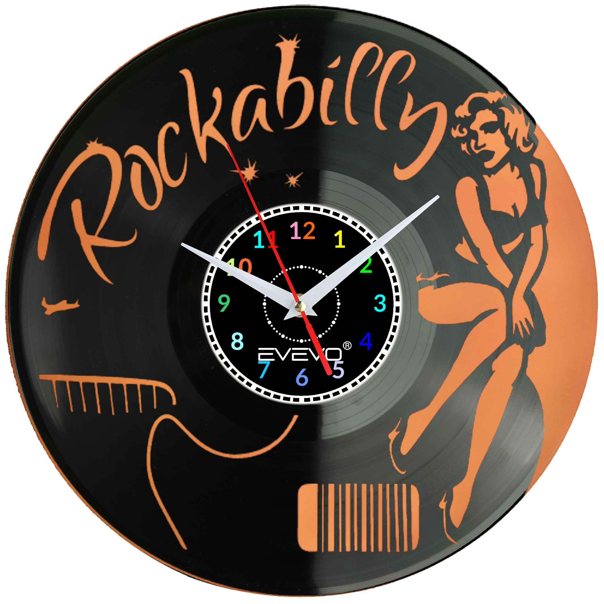 ZEGAR ŚCIENNY ROCKABILLY ROCK 'n' ROLL FLUORESCENCYJNE TŁO PŁYTA WINYLOWA PREZENT UPOMINEK URODZINY EVEVO F0017