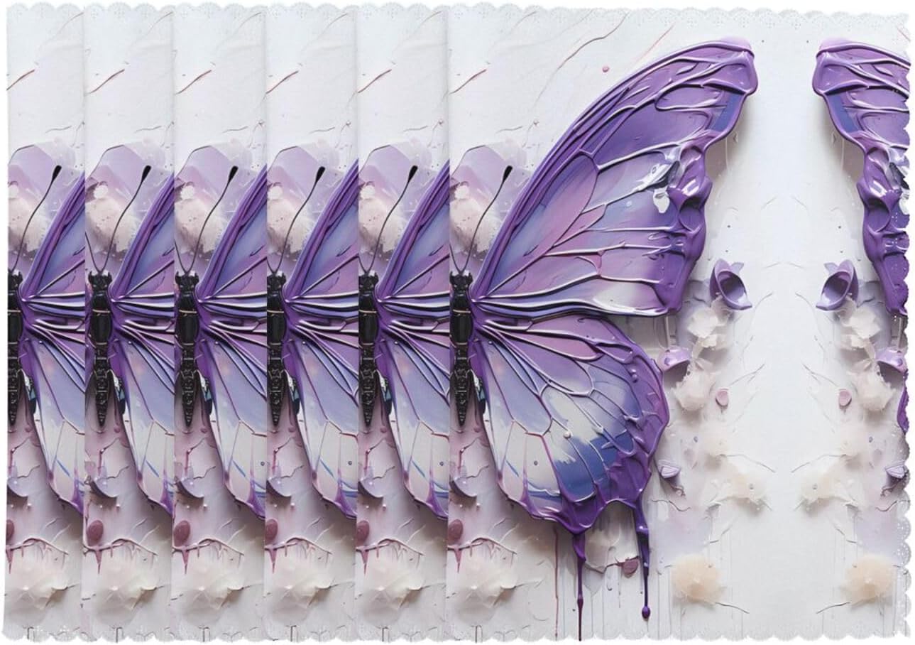 Purple Oil Painting Butterfly Placemats Set of 6, 12x18 Inch Waterproof Oil-Proof Heat Resistant Table Mats - Non-Slip Wipeable Vinyl Place Mats for Kitchen Dining Indoor Outdoor Use