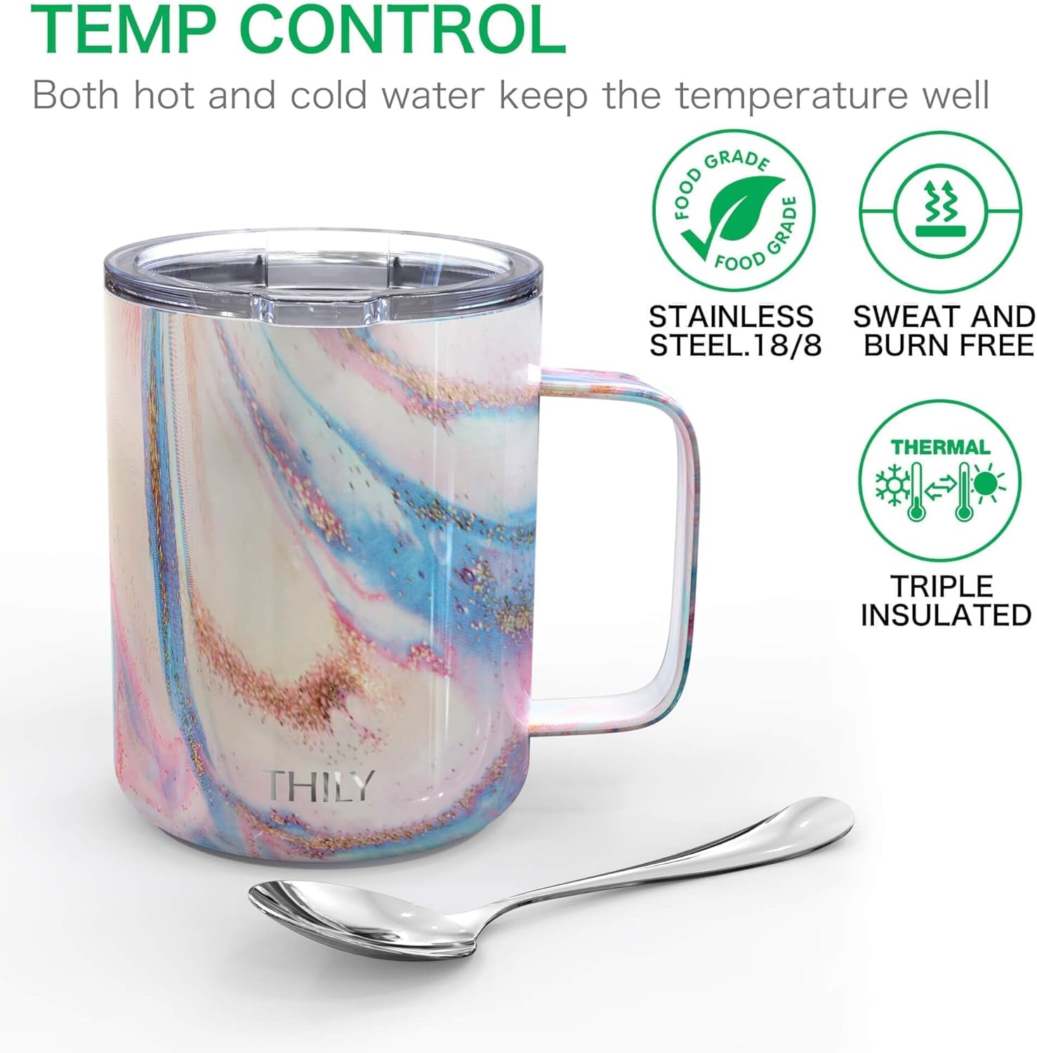 THILY Stainless Steel Insulated Coffee Mug 12 oz Vacuum Insulated Coffee Cup with Handle, Spill-Proof Lid, Keep Coffee Cold, Pink Ripple - Image 2