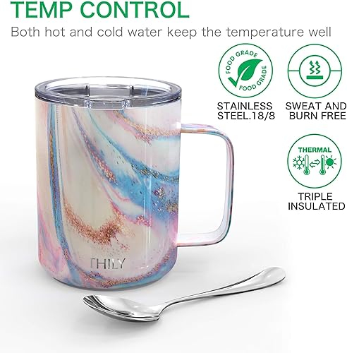 Miniatura 41 de THILY Taza de viaje aislada de acero inoxidable de 12 onzas, taza de café aislada al vacío con asa, tapa a prueba de derrames, mantiene el café frío