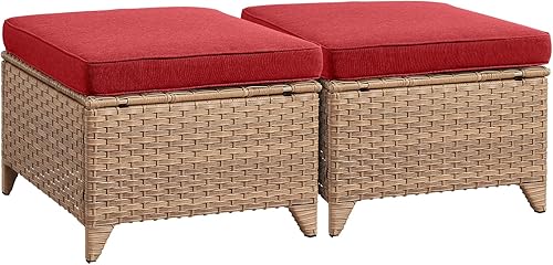 Miniatura 9 de Otomanas otomanas de mimbre para exteriores, juego de 2 reposapiés de ratán para exteriores, otomanas para patio con cojines gruesos (gris