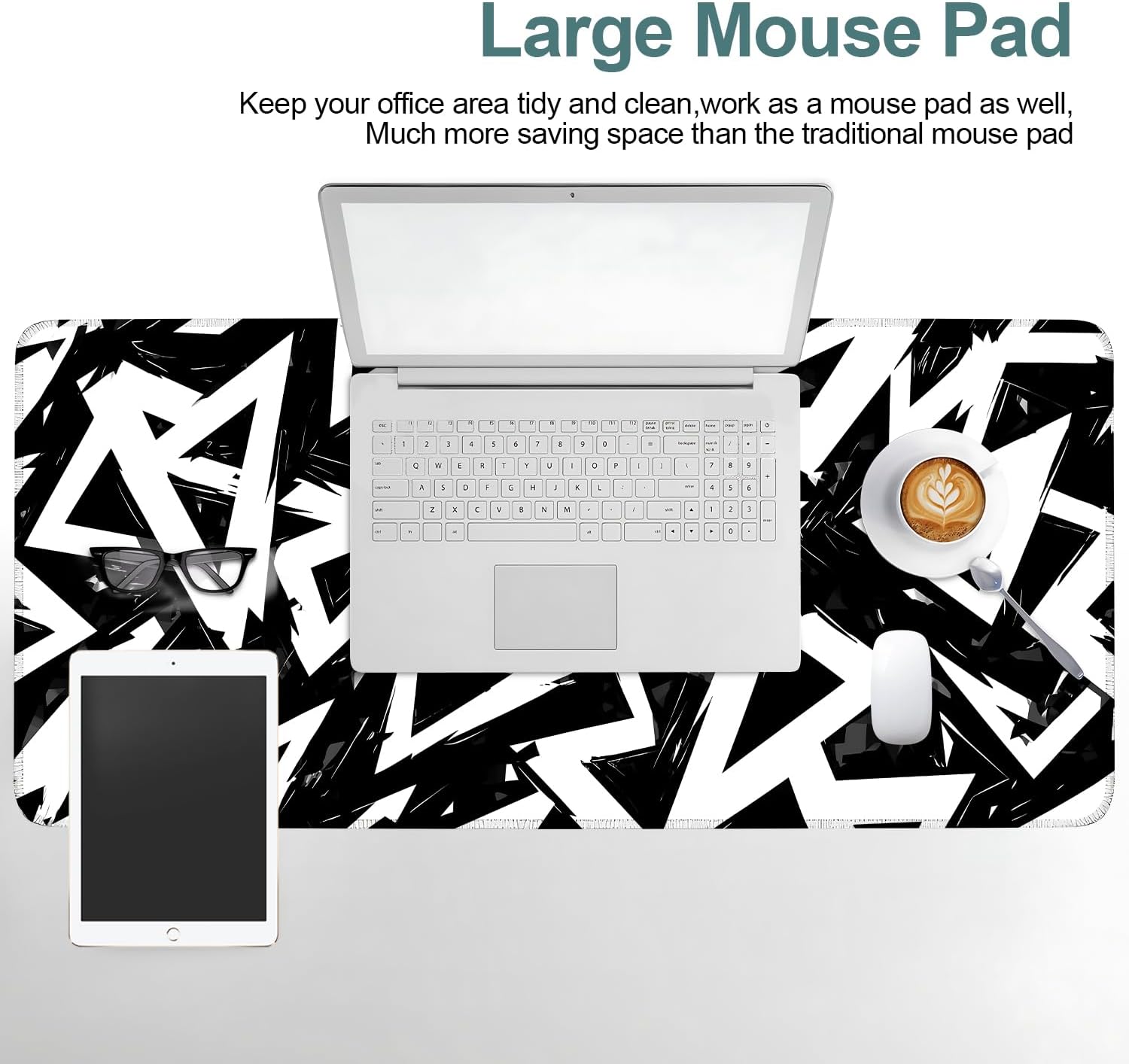 Geometric XXL Extended Gaming Mouse Pad 35.4 x 15.7 Inch – Large Desk Mat with Non-Slip Rubber Base, Smooth Cloth Surface, Stitched Edges, Black and White Abstract Design