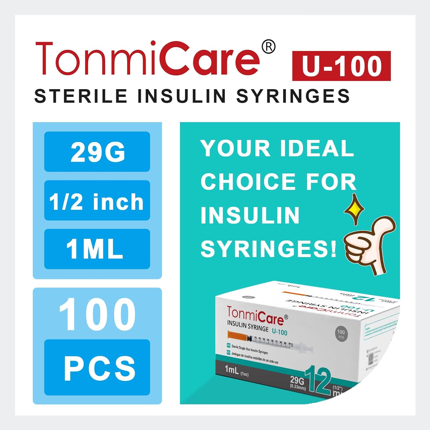 Insulin Syringes U-100 29G 1ml/cc 1/2"(12mm), Individually Sealed Pack of 100 count