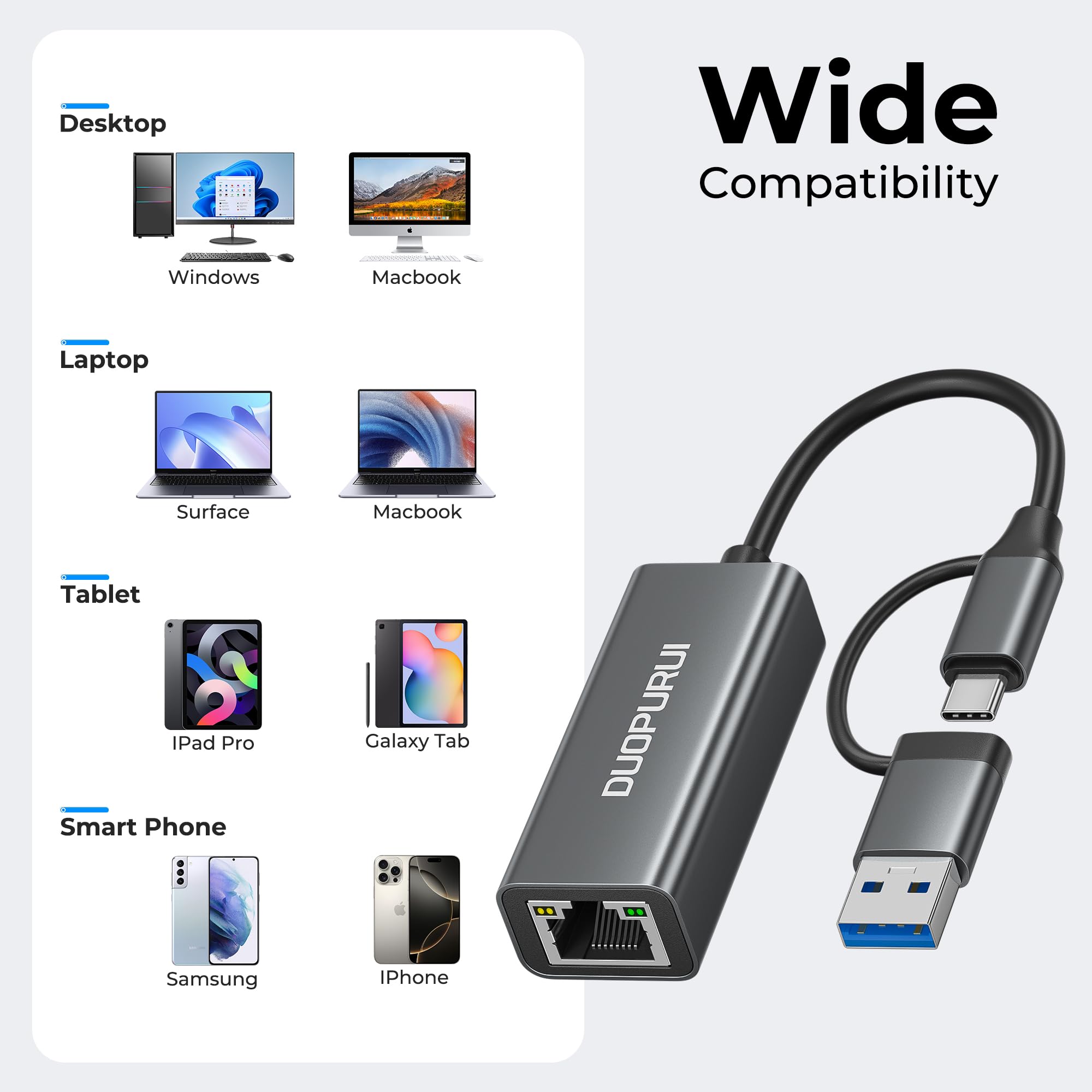 Adaptateur USB vers Ethernet, adaptateur réseau LAN USB C vers RJ45 1 Gigabit, boîtier en aluminium, adaptateur Ethernet pour ordinateur portable, MacBook Pro/Air, Surface Pro, iPad, XPS