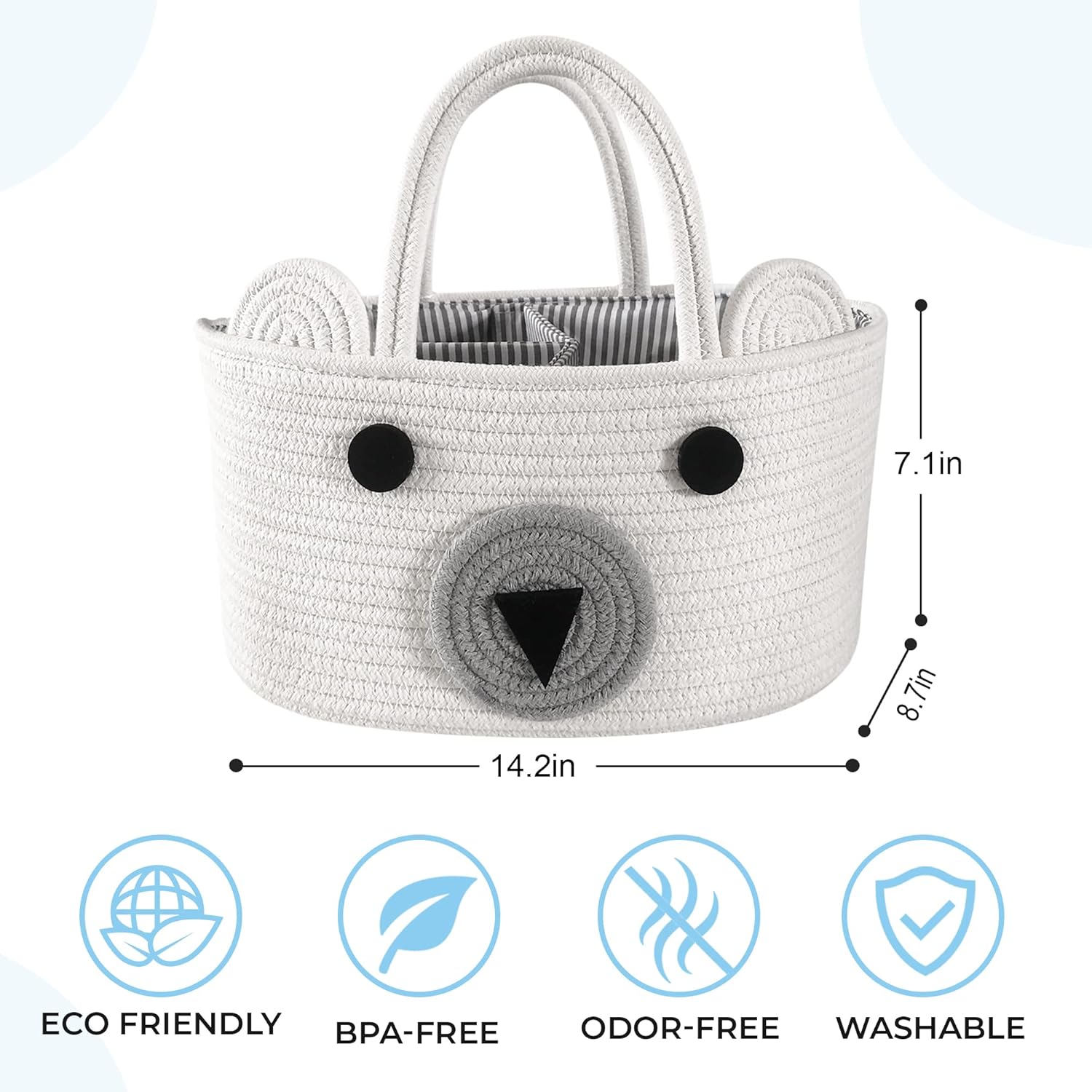 Baby Diaper Caddy Organizer | 100% Cotton Rope Basket | Newborn Baby Shower Basket for Diapers, Bibs, Toys and Baby Wipes | White (DC279)