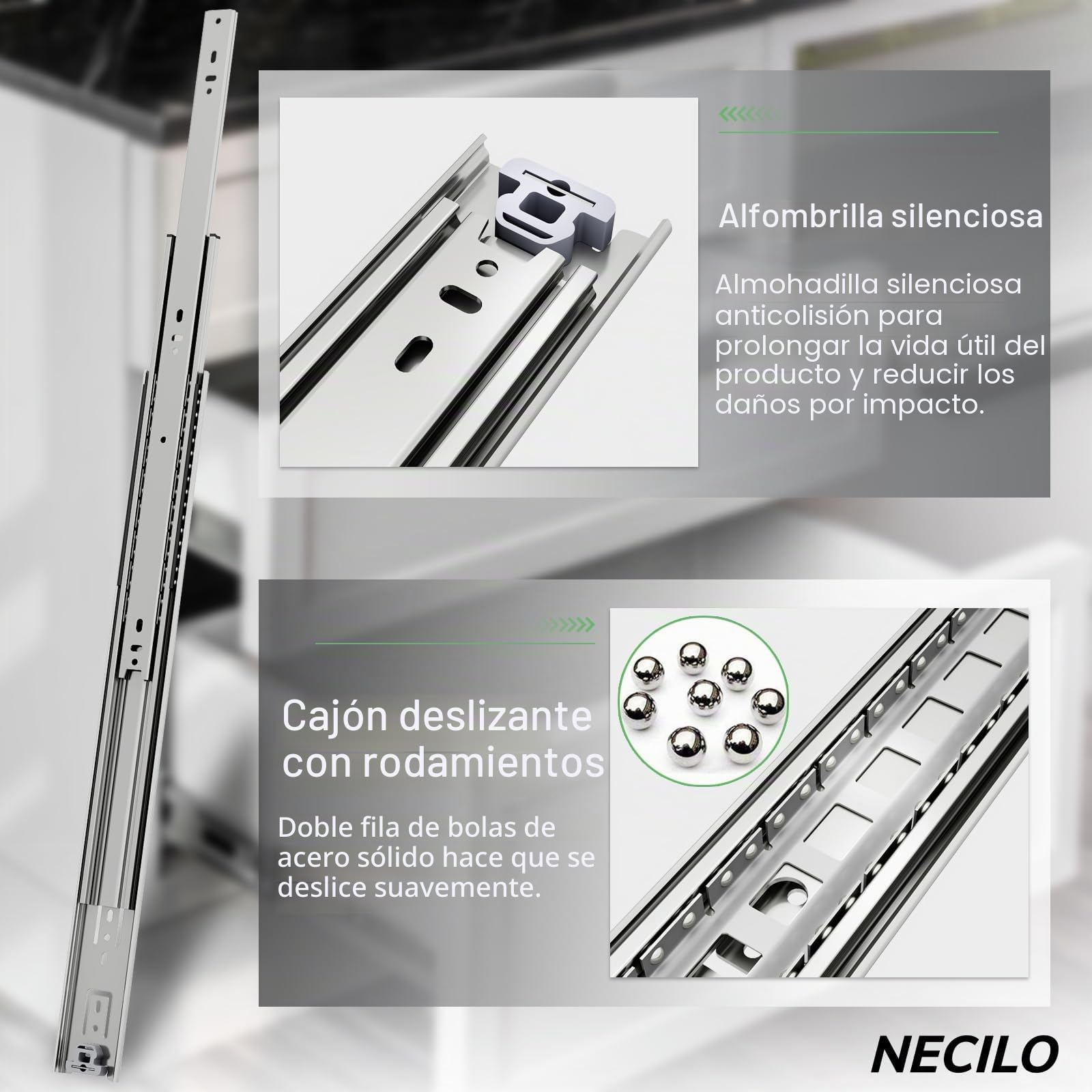 NECILO Guías para Cajones de Alta Resistencia,800 mm,con Capacidad de Carga de 50 kg,Extensión Total con Rodamiento de Bolas,Guías para Cajones de Montaje Lateral,1 Par | Extracción completa con rodamiento de bolas, capacidad de carga de 68 kg, cajones de