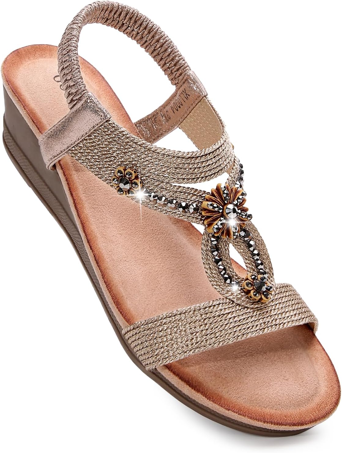 Wedge Sandals for Women Dressy, Woman's Sandal Comfortable Low Wedges Heels Ankle Elastic Strap Sandles with Flower Rhinestones