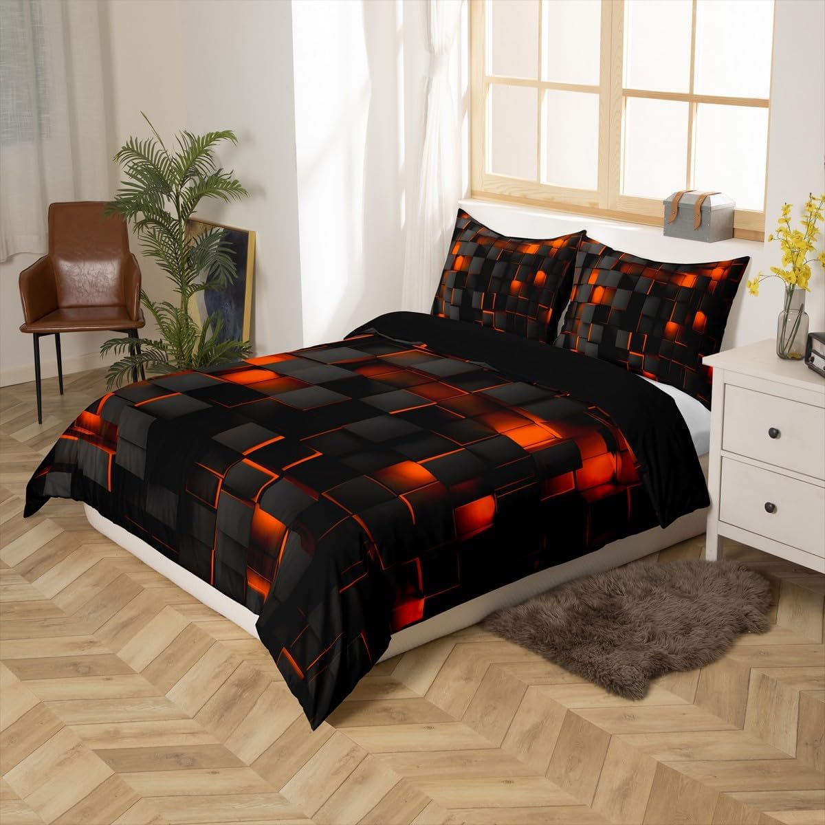 Feelyou Orange and Black Bedding Duvet Cover Set Full Size Kids Light Geometric Bedding Set Comforter Cover Set for Room Decor Modern Bedspread Cover with 2 Pillow Case