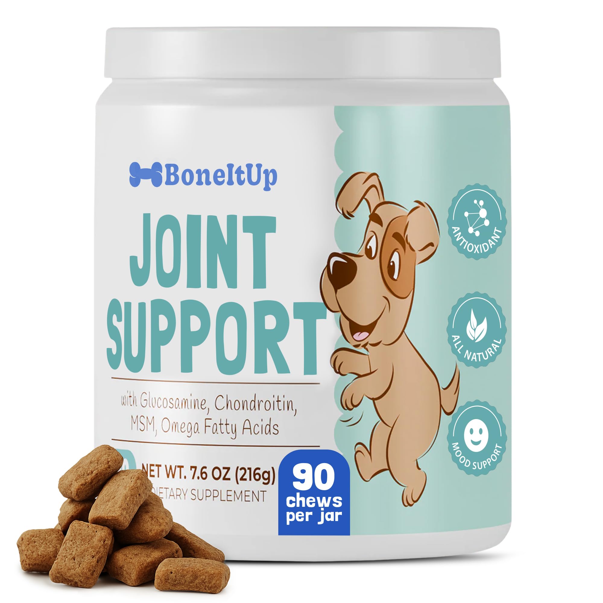 BoneItUp Soft Dog Joint Support Supplement Chews for Aging, Large & Overweight Pets - Glucosamine, Chondroitin, MSM & Omega - Advanced Hip & Joint Supplement for Dogs - Pet Bone Support Treats (90 Ct)