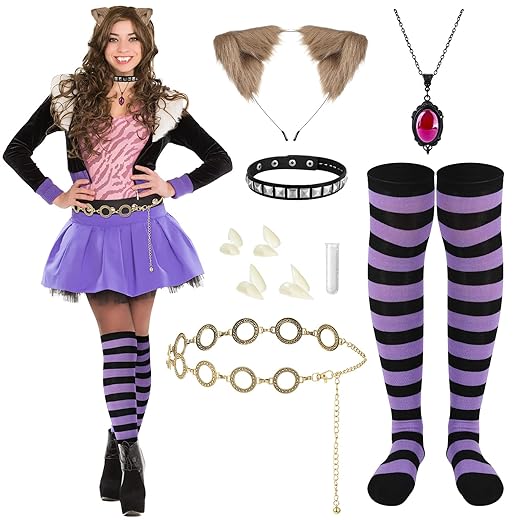 6 Pcs Halloween Costume Accessory Wolf Ears Necklace Choker Striped Sock Fake Teeth for Women Cosplay