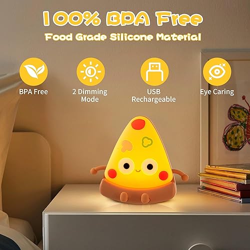 Miniatura 2 de Linda luz nocturna de pizza, lámpara nocturna recargable por USB de silicona con control táctil para niños, ideas de regalos Kawaii para niños y