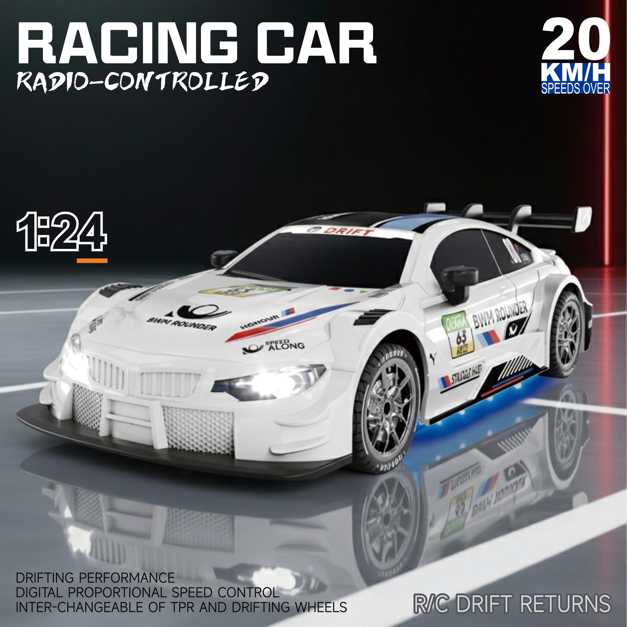 Ferngesteuertes Auto 1:24 Scale Drift Car 4WD 2.4GHz RC Drift Auto 20KM/H Hohe Geschwindigkeit Rennwagen mit Zwei Batterien, LED-Leuchten