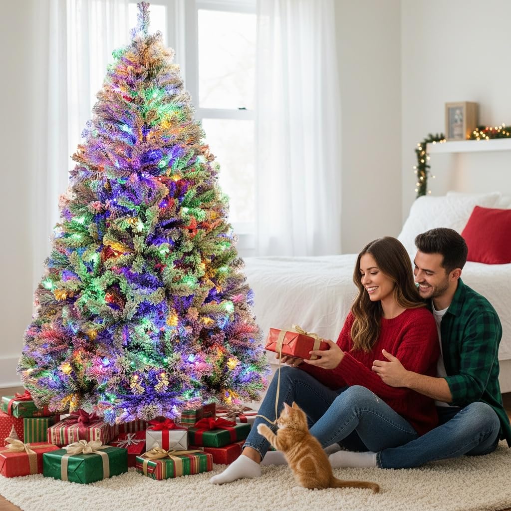 Árbol Navideño Artificial 180cm con Efecto Nevada, 300 Luces RGB, 1000 Puntas de Ramas Frondosas & Montaje Rápido con Bisagras, Abeto Completo para Decoración Invernal Festiva, Verde & Blanco