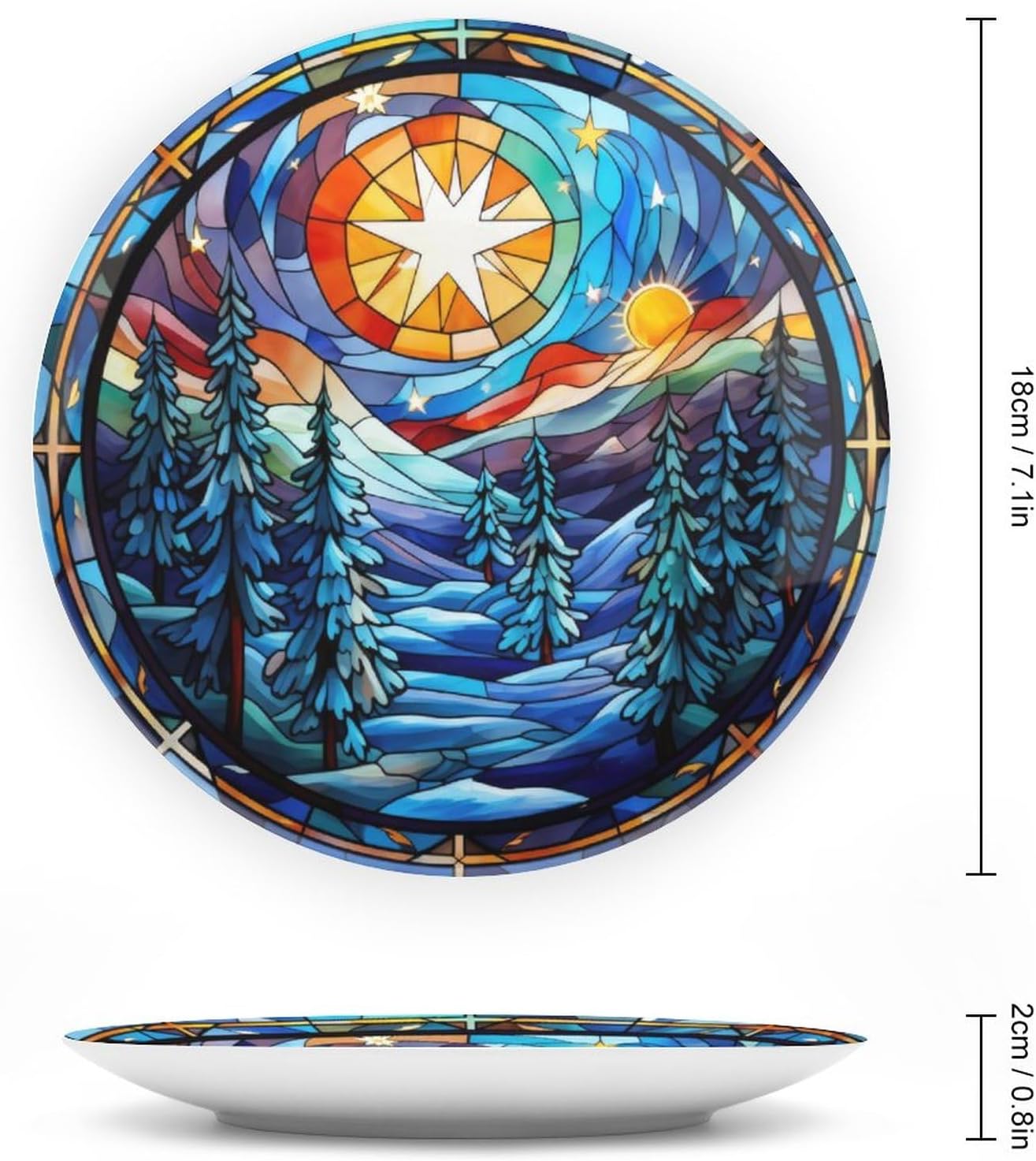 Xmas Decorative Plates, Winter Sunrise Christmas Tree in The Snow Display Plate for Home Office Kitchen Table Decor, Stained Glass Design Porcelain Plates Xmas Ornament 7 Inch