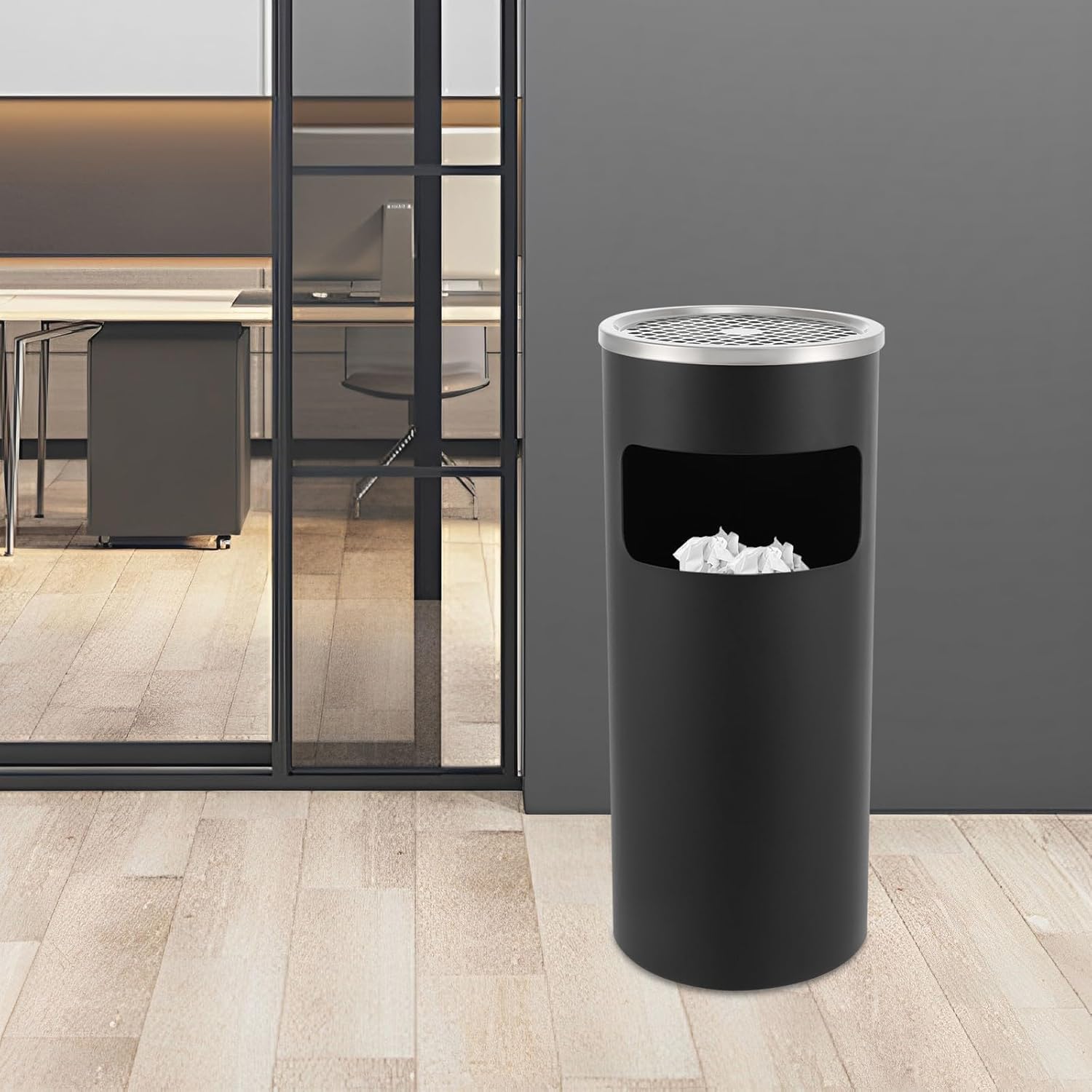 Poubelle en Acier Inoxydable 30L avec Seau Intérieur, Cendrier sur Pied pour Hôtel, Jardin et Supermarché